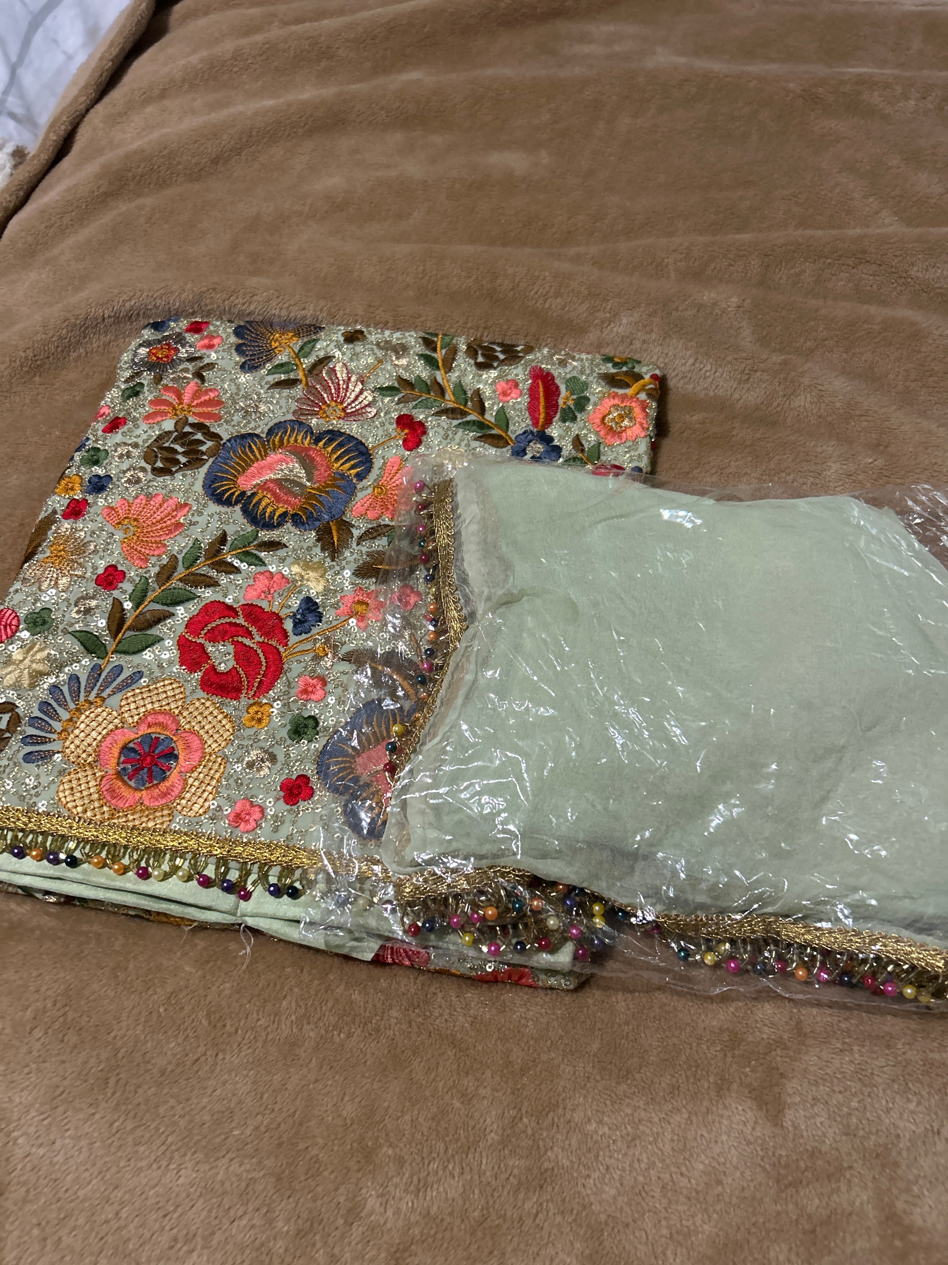 Mint Green Floral Embroidered UNSEWN SUIT with Sequin and Bead Detailing