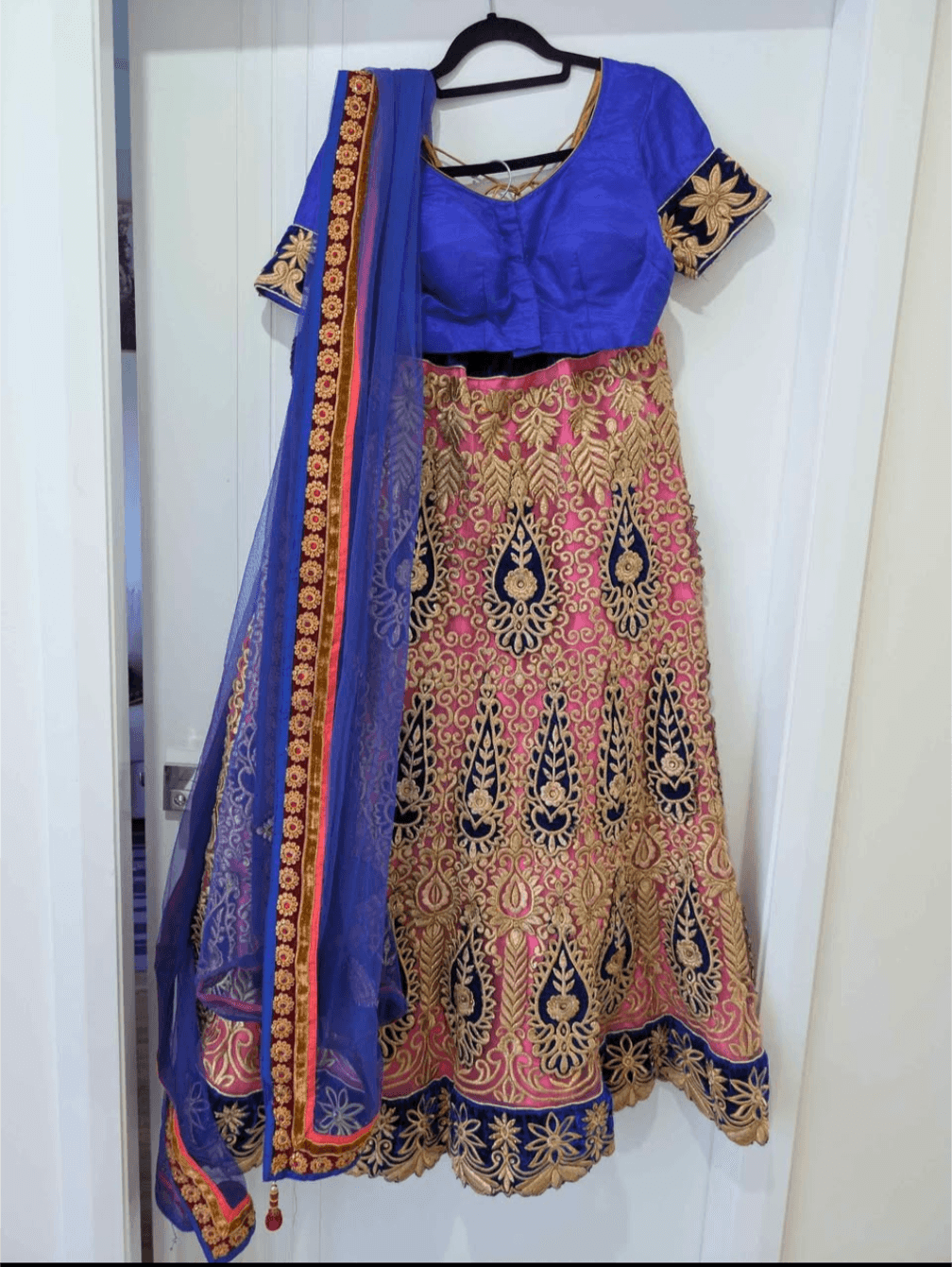 Like new Vibrant Pink and Blue Lehenga Choli with Gold Embroidery