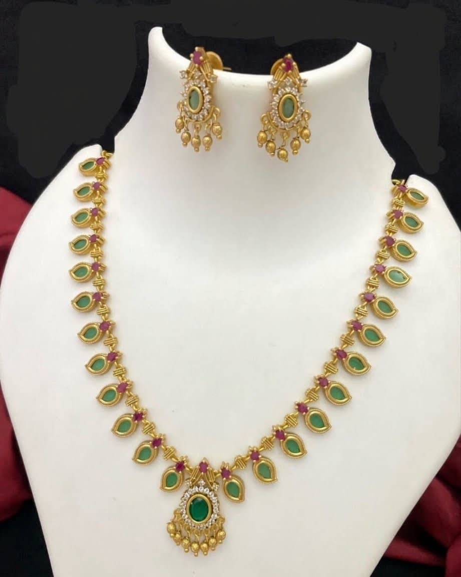 Traditional Matte Gold South Indian Mango Mala Necklace Set ✨