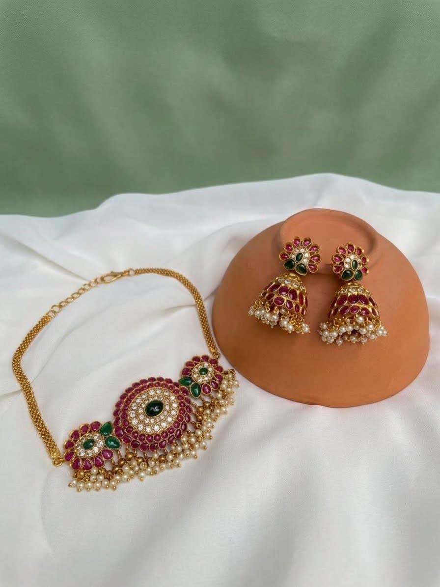 Luxury Antique Gold Kundan Choker Set with Matching Jhumka Earrings 🌸✨