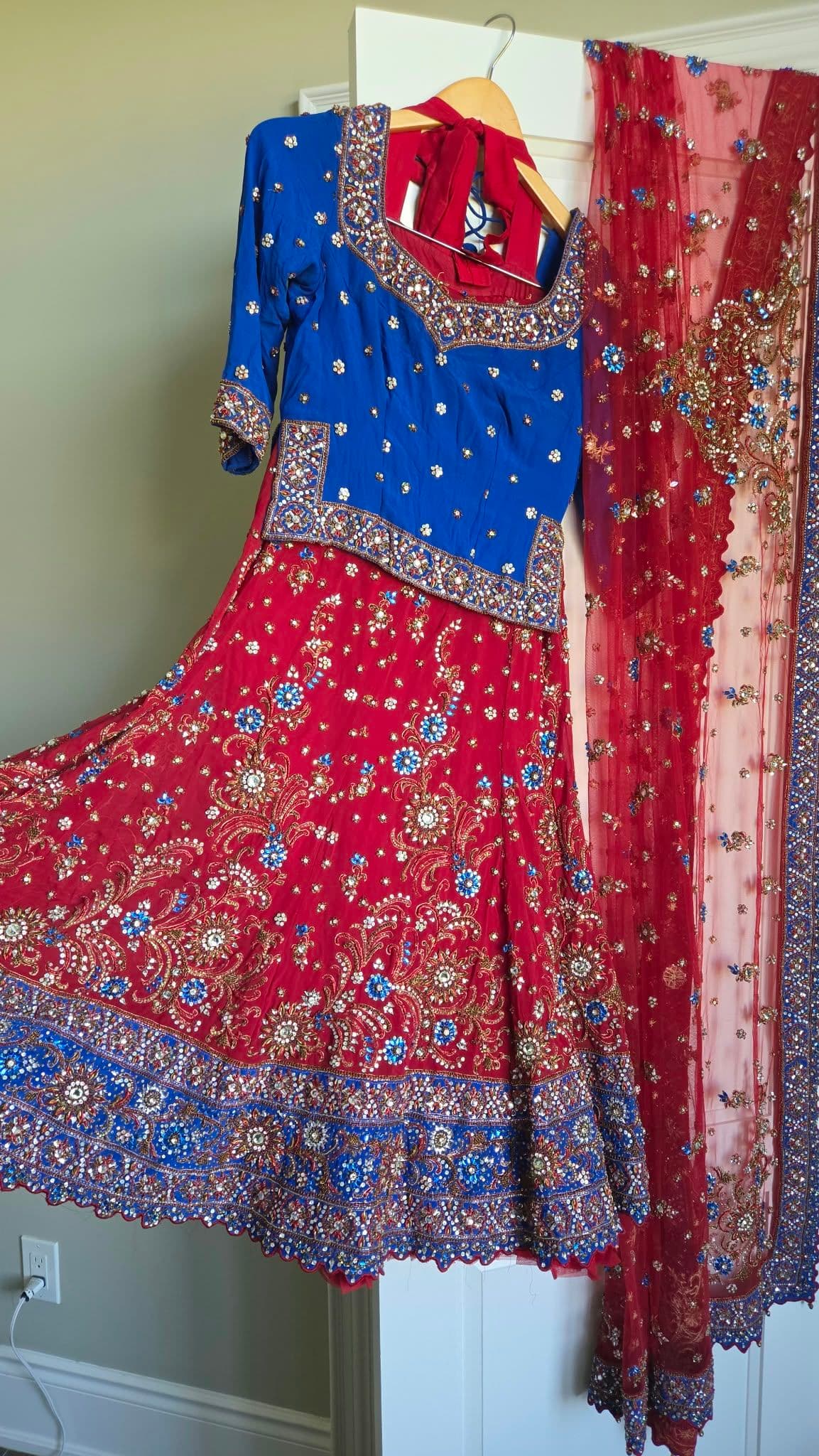 Vibrant Red and Blue Embroidered Lehenga Choli with Dupatta