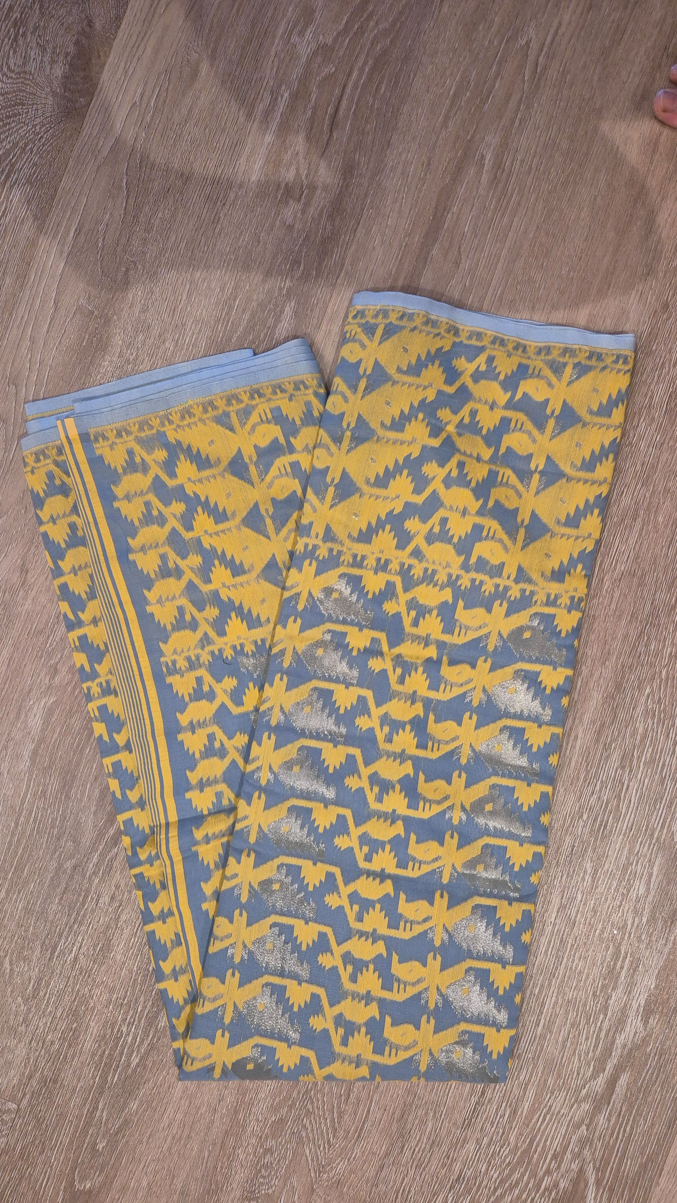 Brand new_ Blue grey and yellow cotton Dhakai saree with gold zari