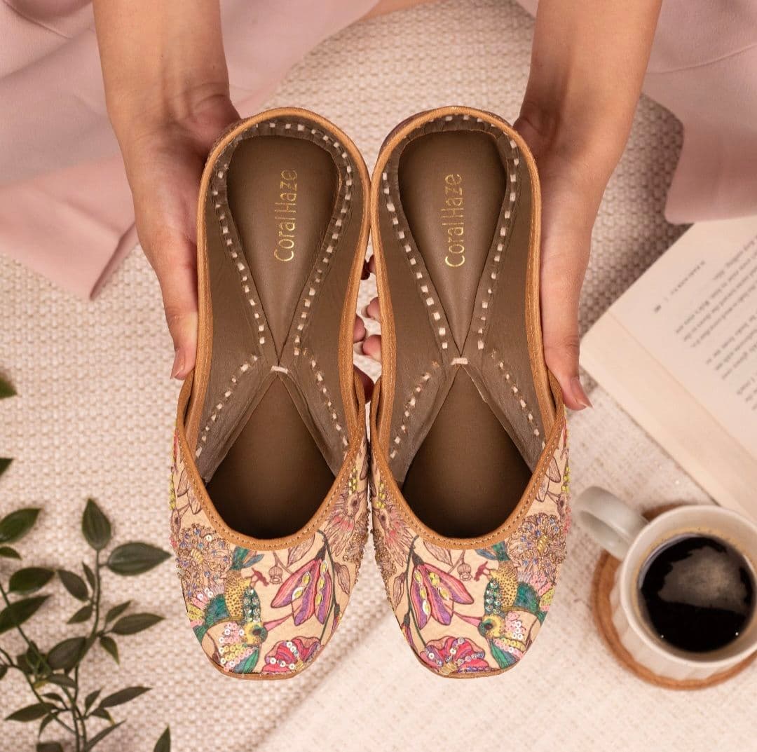 Brand new_Coral Haze Floral Embroidered Juttis - Beige with Multi-color Sequin Work