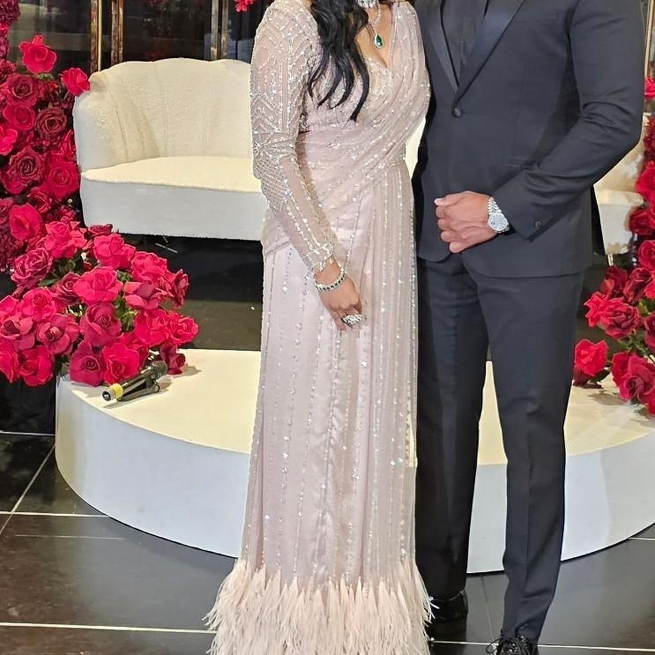 Elegant Sequin & Feather Pre-Draped Saree Gown