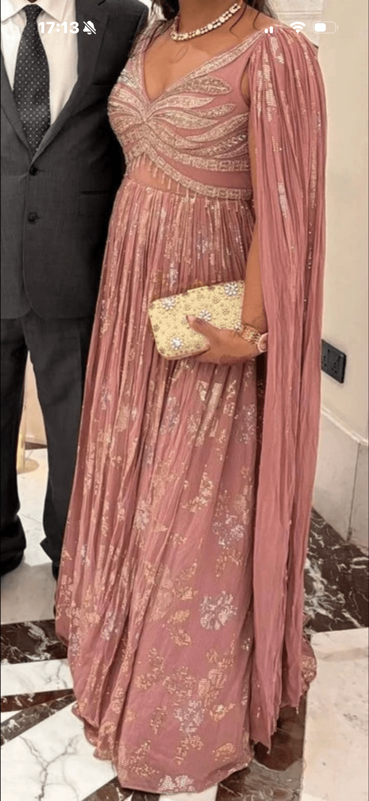 Elegant Dusty Pink Indowestern Gown with Gold Embroidery and Cape Sleeves