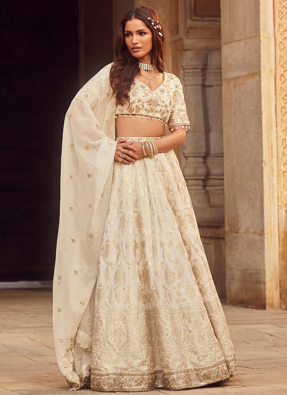Never worn gold and ivory brocade LASHKARAA lehenga with pearl accents
