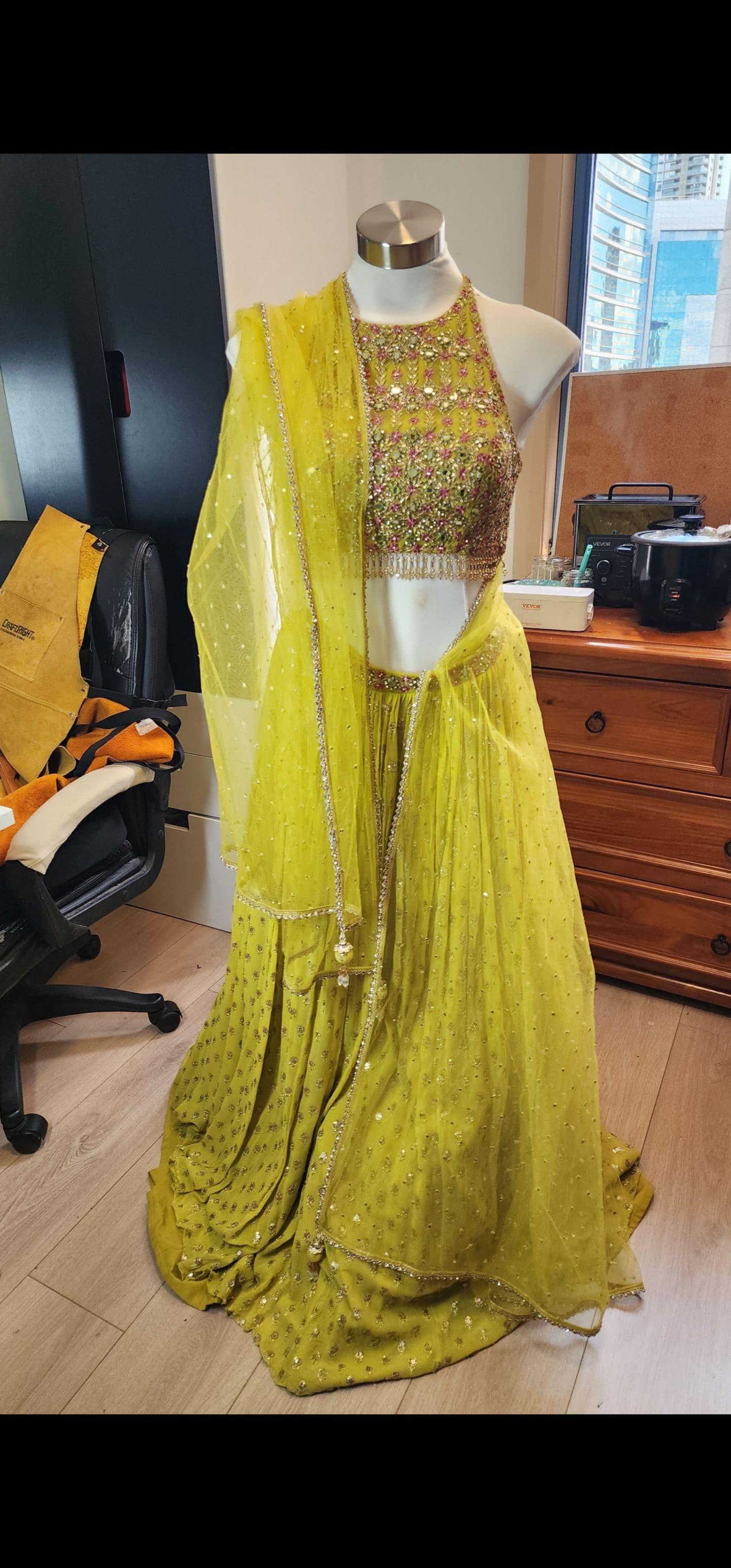 Vibrant Yellow Green Lehenga with Mirror and Sequin Work