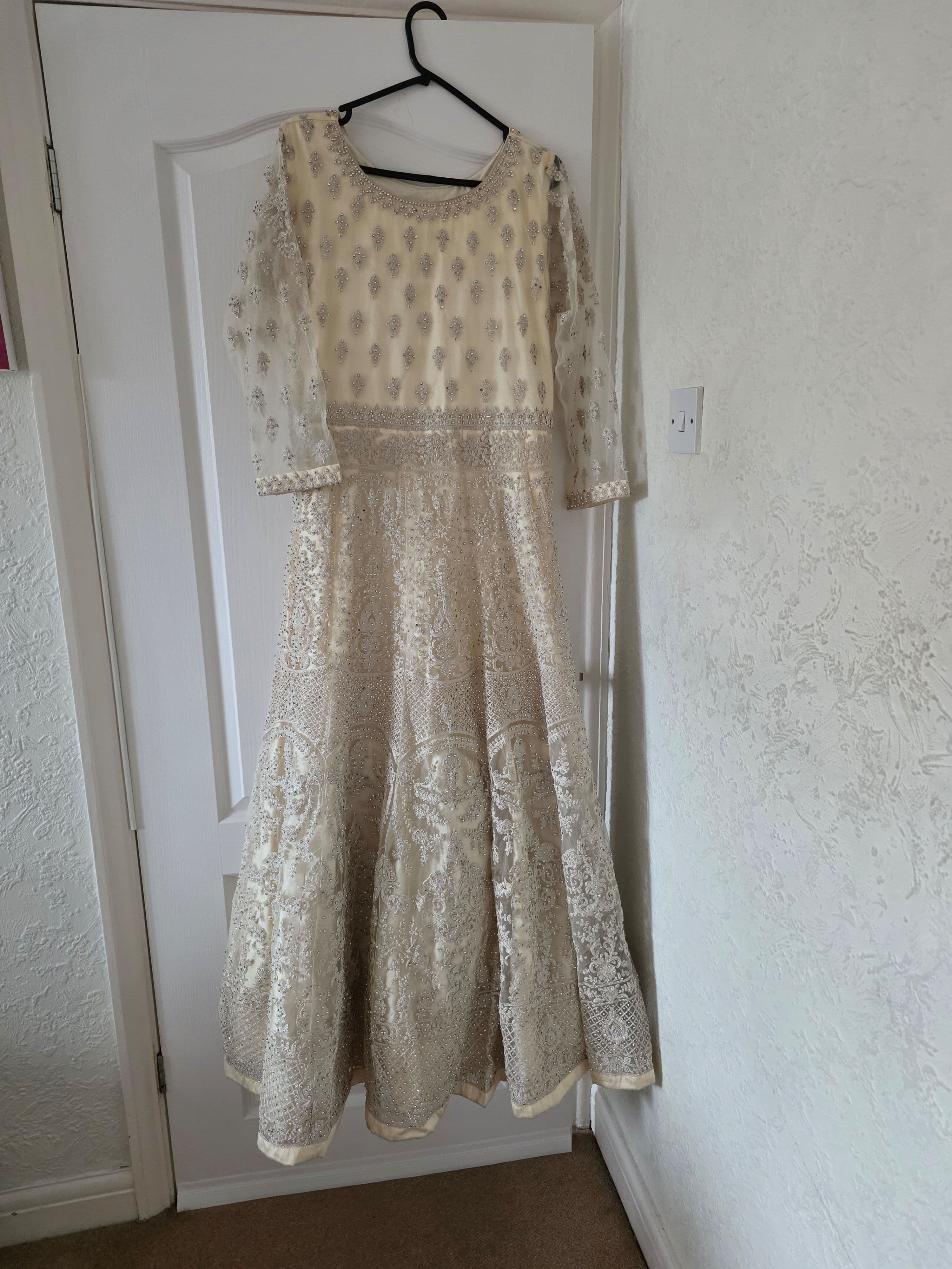 Elegant Cream & Silver Embroidered Indowestern Gown with Net Sleeves