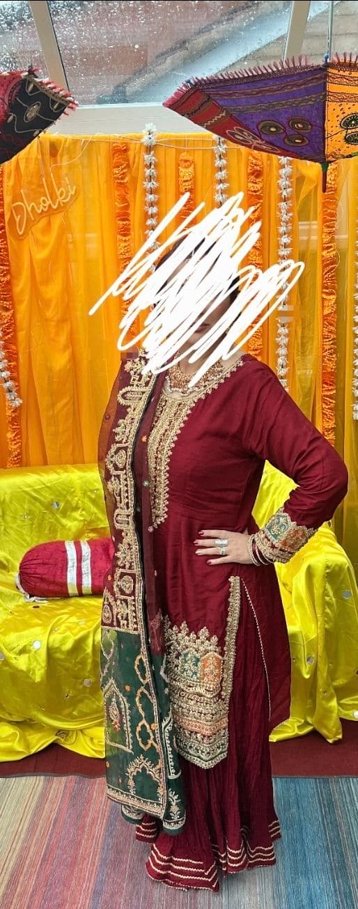 Elegant Maroon Raw Silk Suit with Gold Zardozi and Multi-Color Embroidery sharara suit