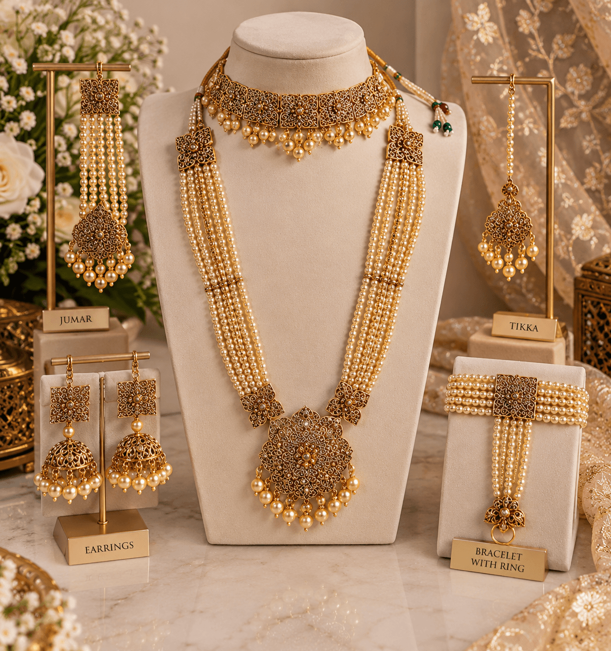 Elegant Gold Bridal Pearl Jewellery Set - Necklace, Choker, Earrings, Bracelet & Tika, Jummar