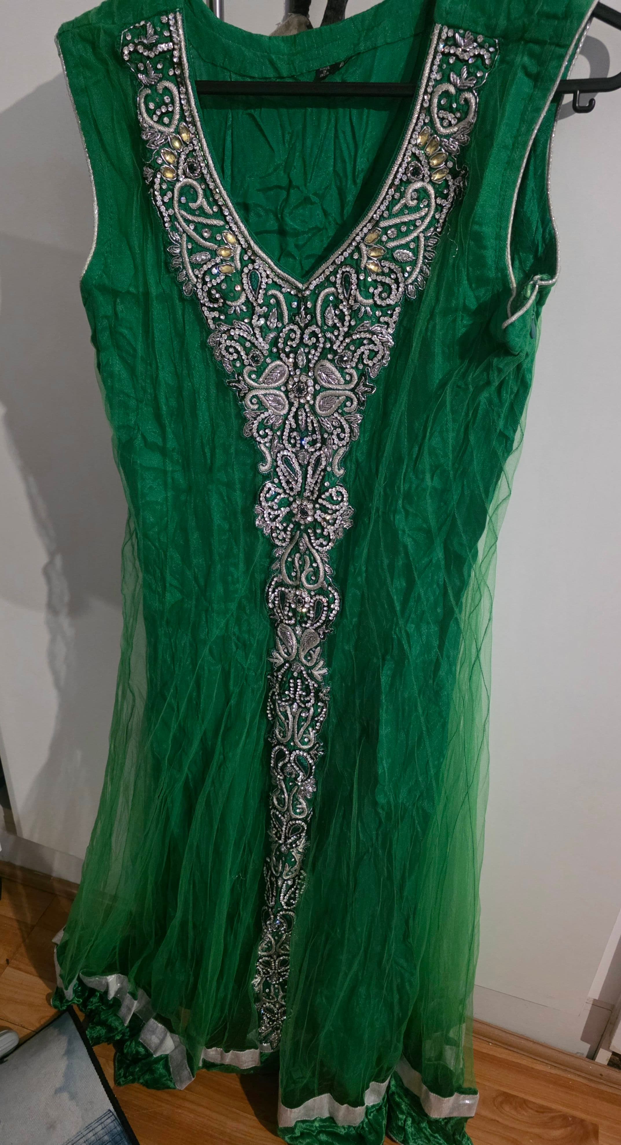 Emerald Green Net Anarkali Suit with Silver and Gold Embroidery