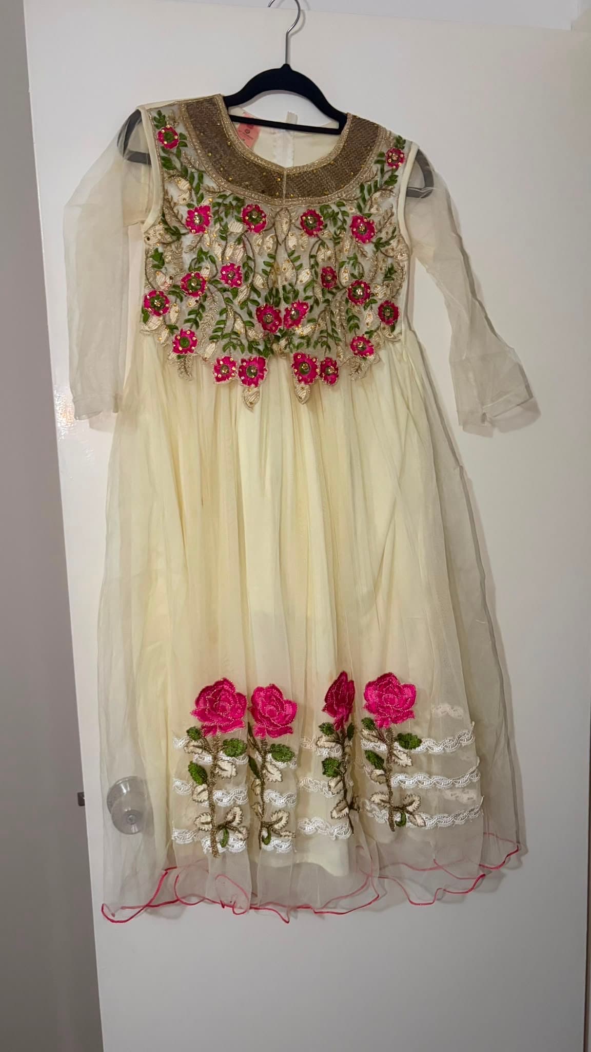 Girls Cream Net Anarkali Dress with Pink Floral Embroidery