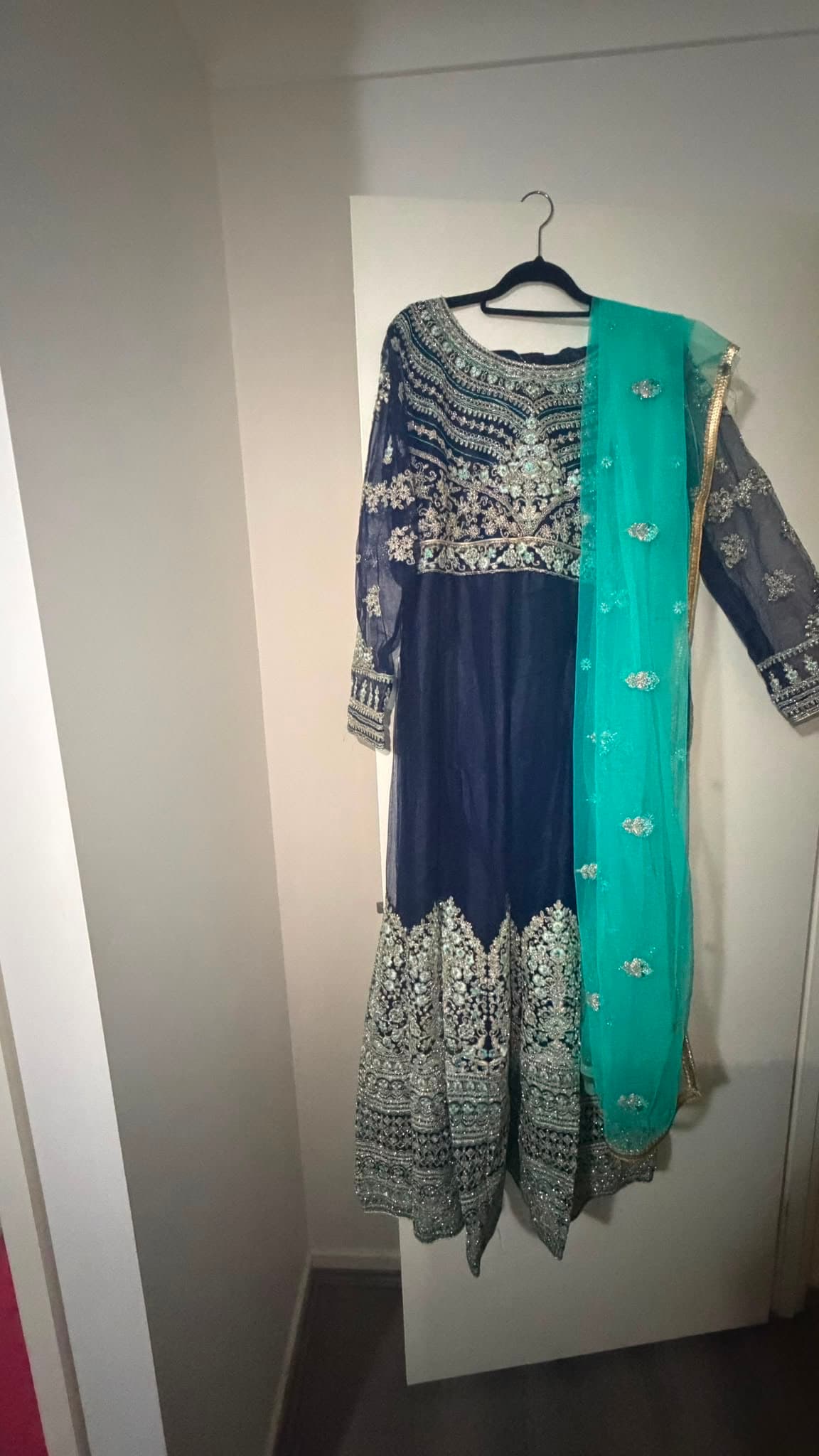 Elegant Navy Blue Anarkali Suit with Heavy Gold & Teal Embroidery and Teal Net Dupatta
