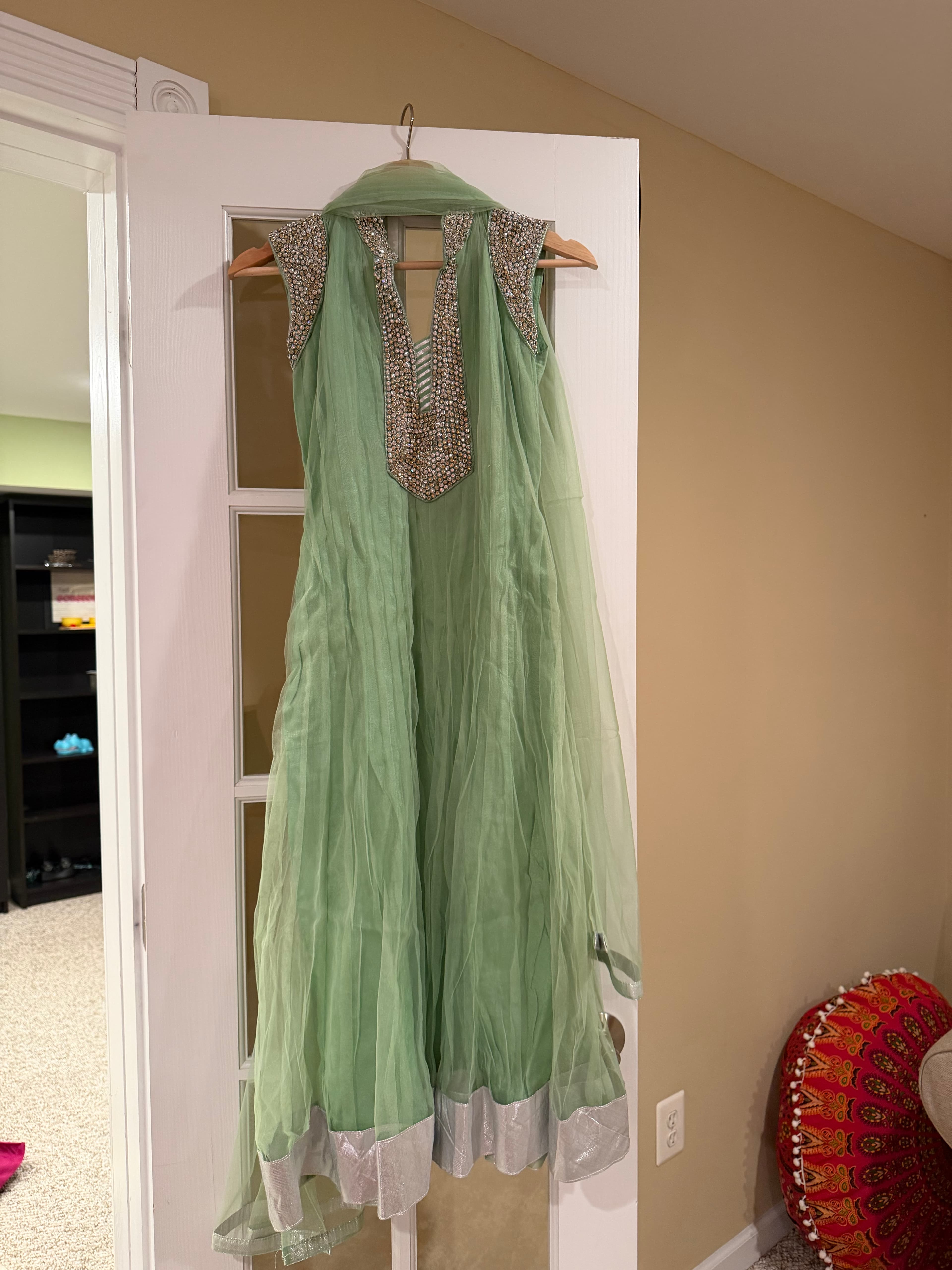 Elegant Light Green Anarkali Suit with Silver Sequin and Stone Embellishments