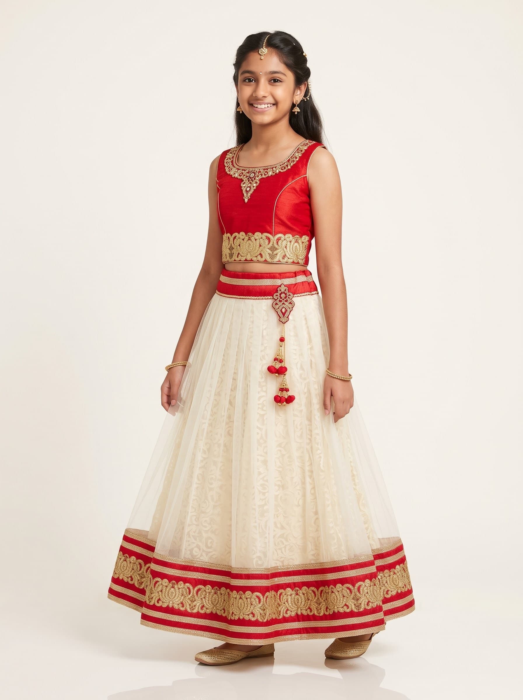 Girls Red & Cream Embroidered Lehenga Choli Set