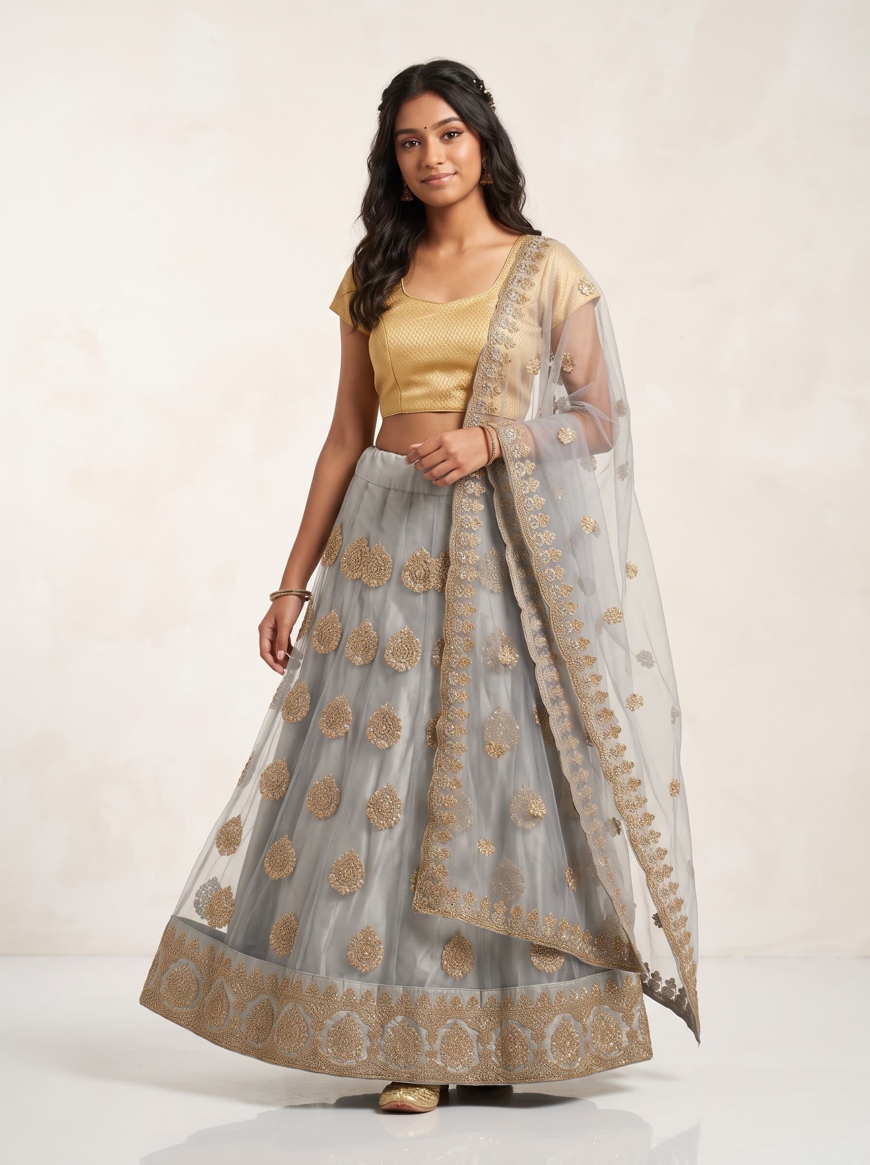 Elegant Grey and Gold Embroidered Net Lehenga Set with Dupatta