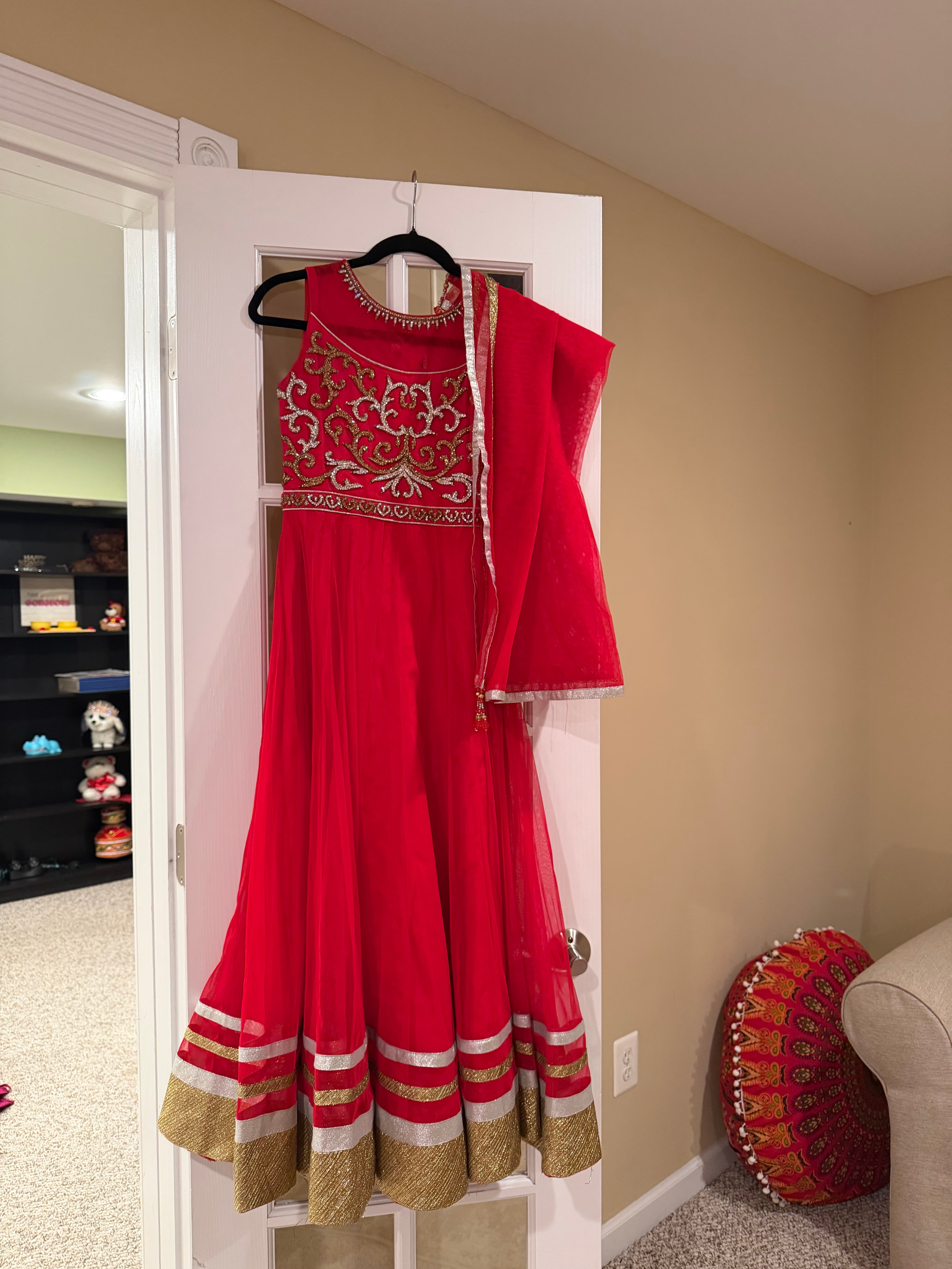Vibrant Red Anarkali Suit with Gold & Silver Embroidery and Net Dupatta