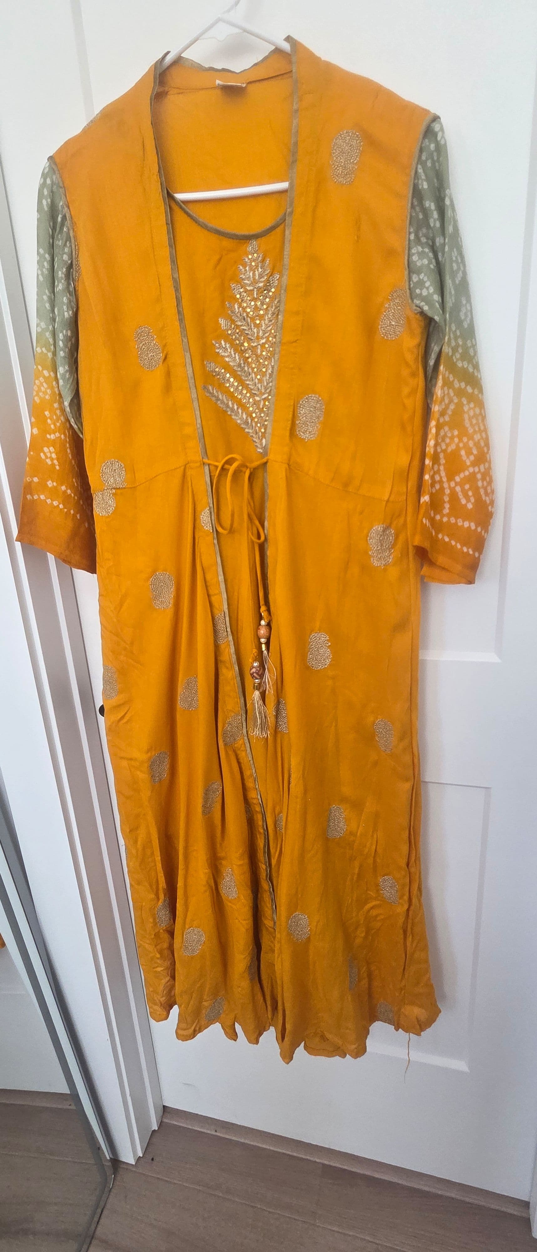 Elegant Mustard Yellow Anarkali Style Suit with Gold Embroidery and Bandhani Sleeves - Size XL