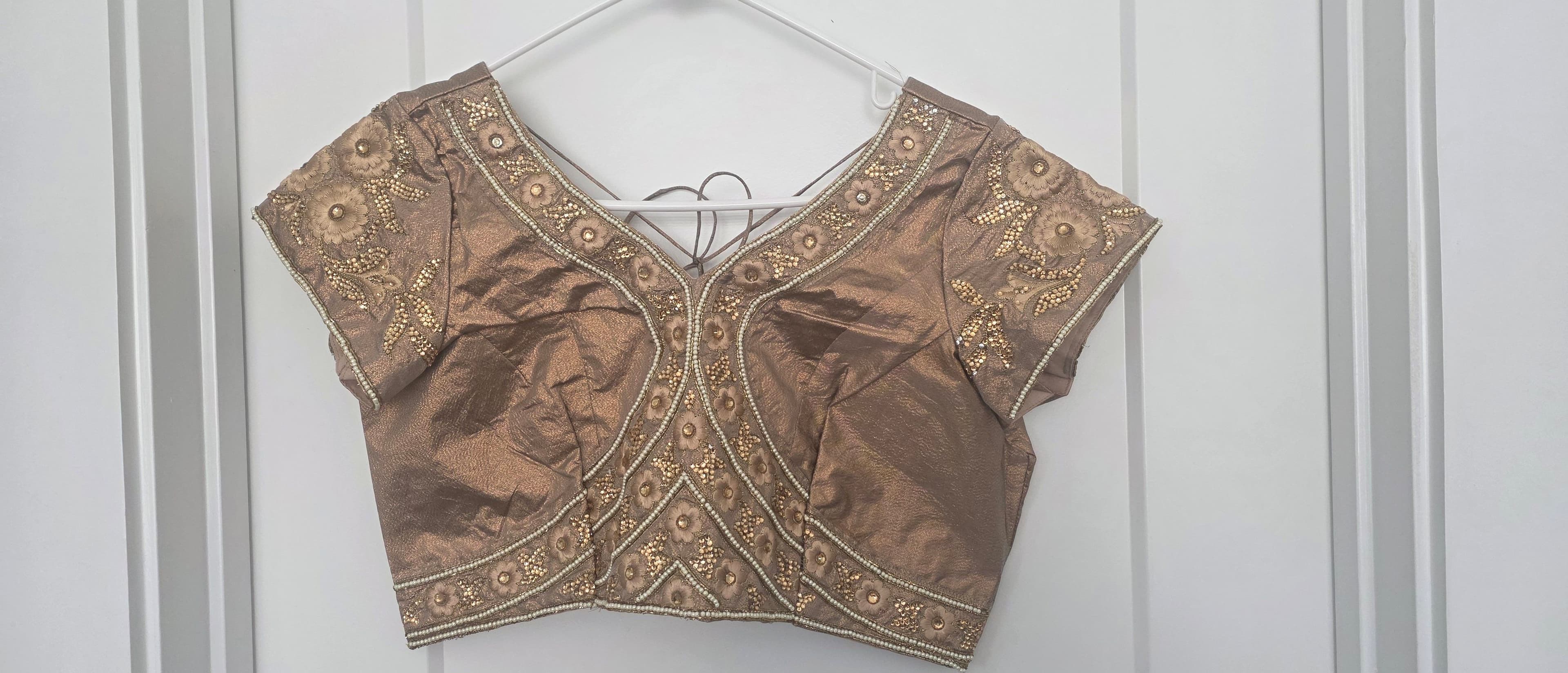 Saree Elegant Bronze Blouse with Gold Embroidery and Pearl Detailing