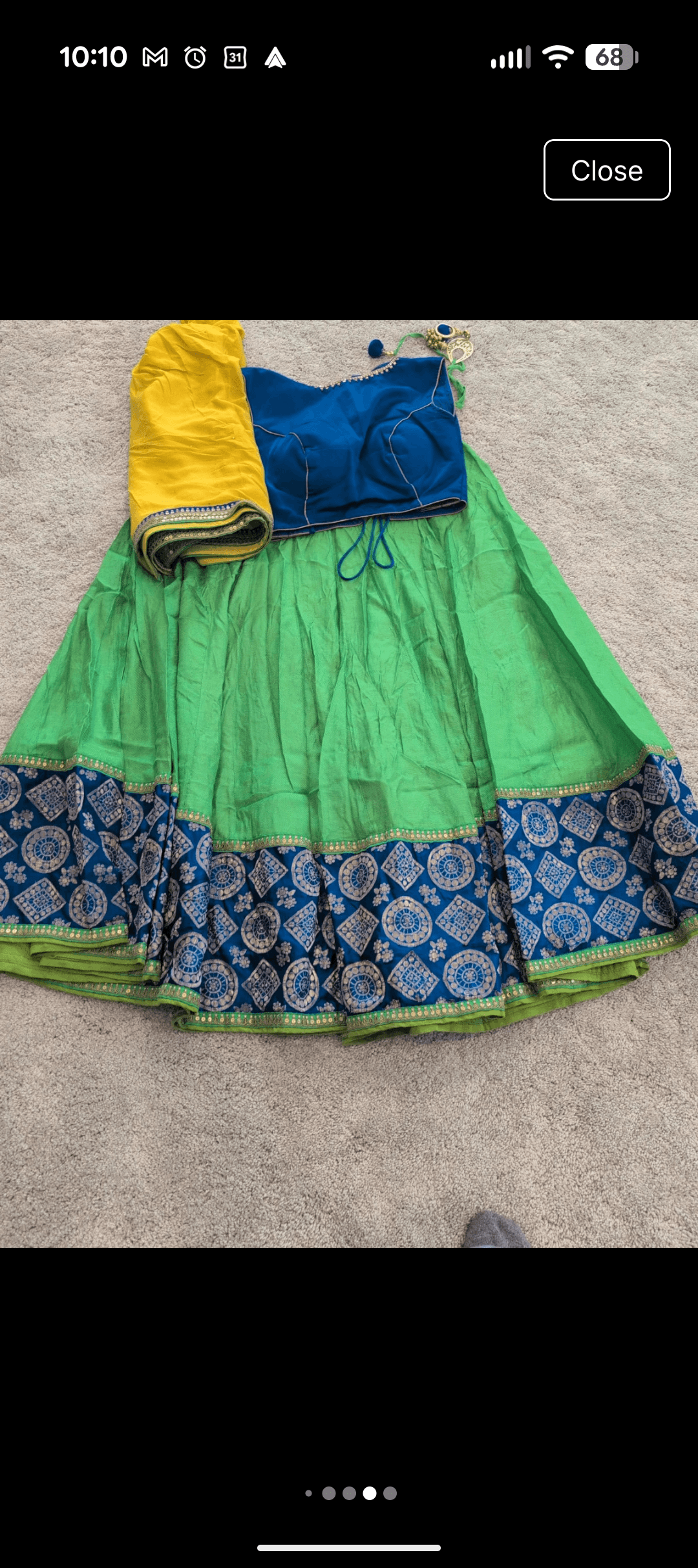 Vibrant Green Lehenga with Blue Border and Yellow Dupatta