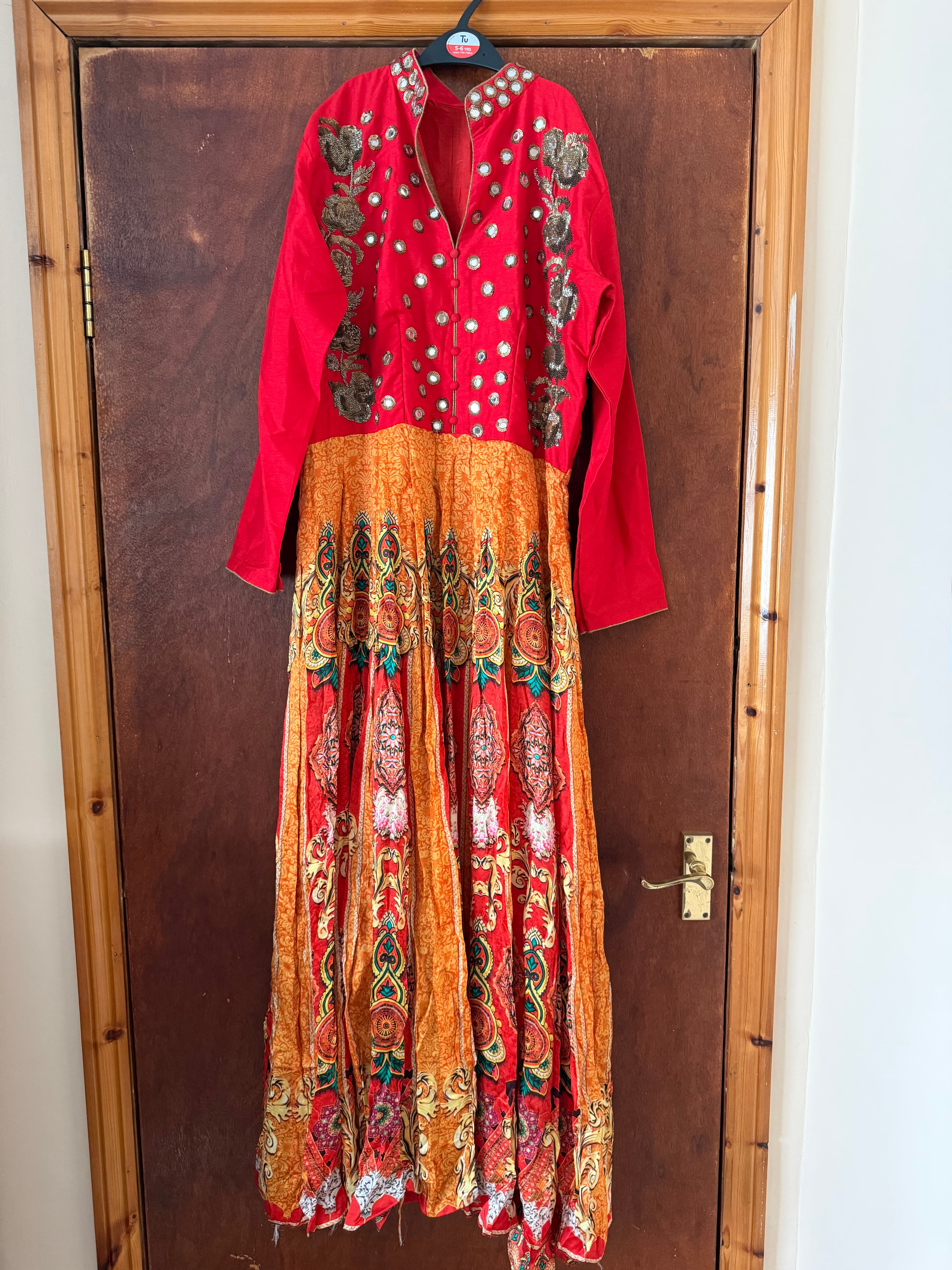Vibrant Red & Orange Mirror Work Indowestern Gown/Dress