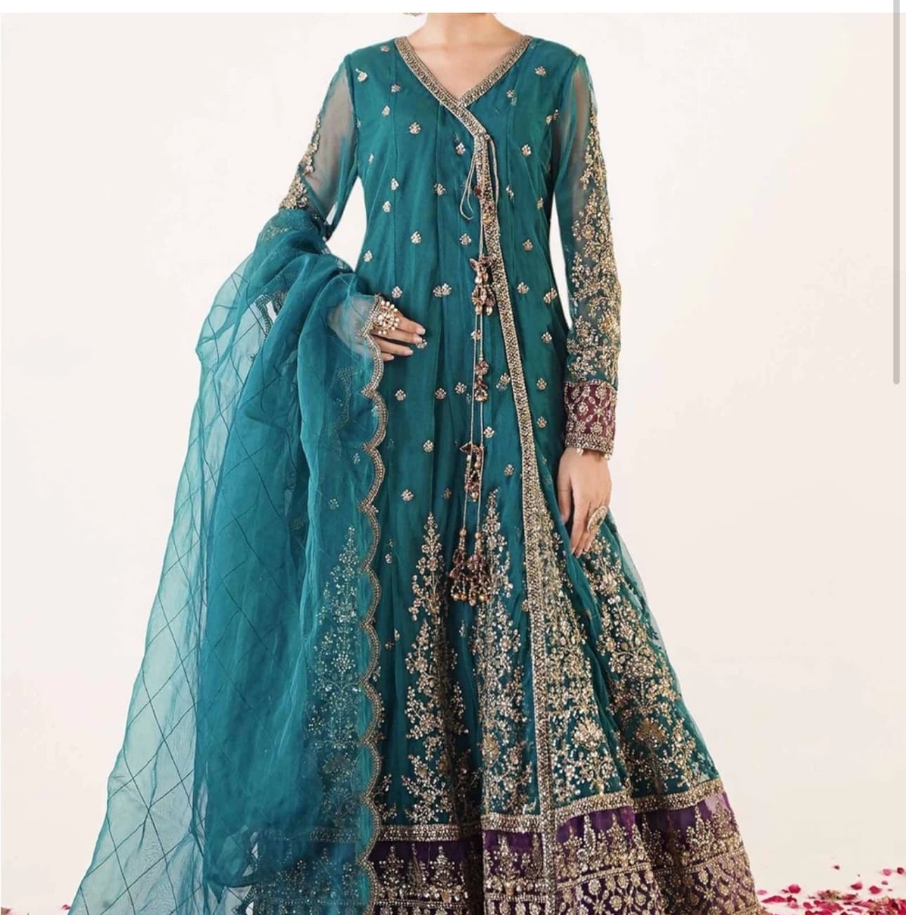 Maria B | Teal Net Embellished Angrakha Lehenga Noor Jahan C