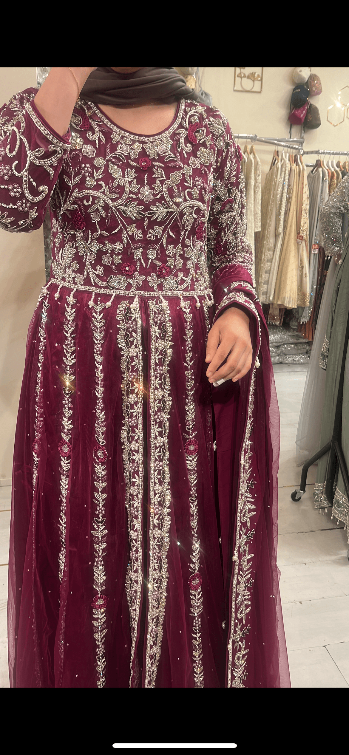 Elegant Maroon Net Anarkali Suit with Intricate Silver Embroidery