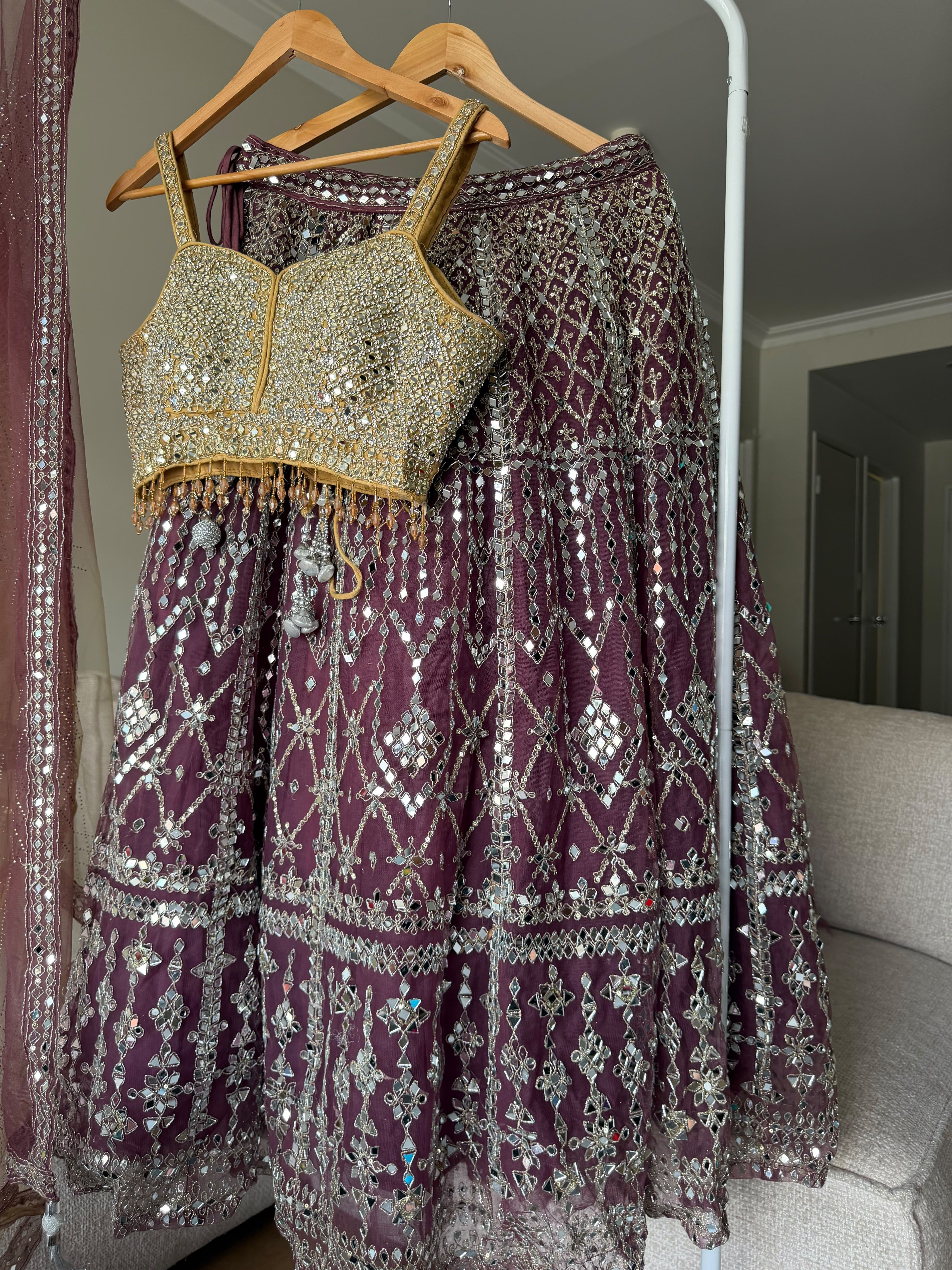 Stunning Plum & Gold Mirror Work Lehenga Choli with Dupatta