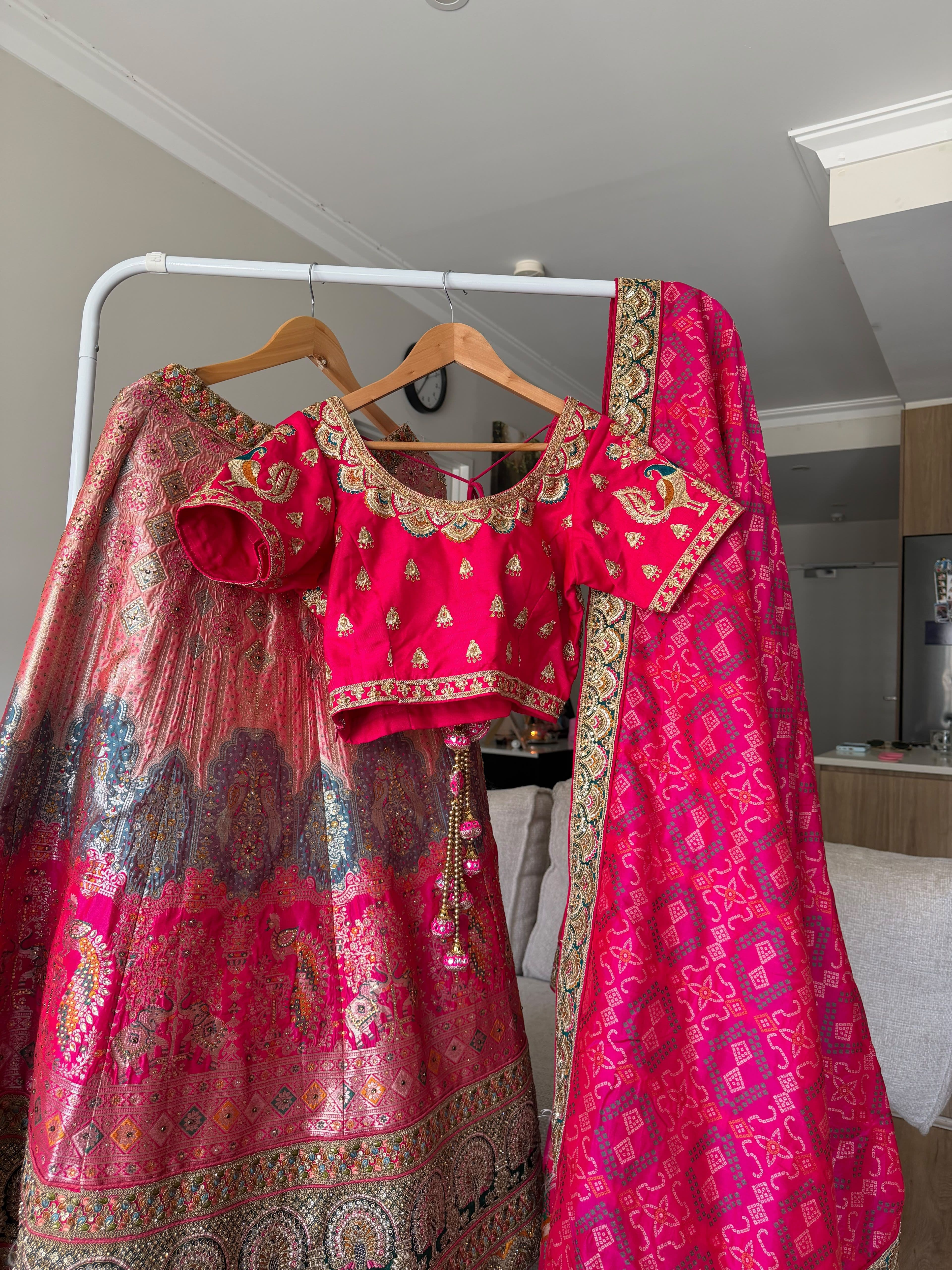 Stunning Pink Lehenga Choli and Bandhani Dupatta
