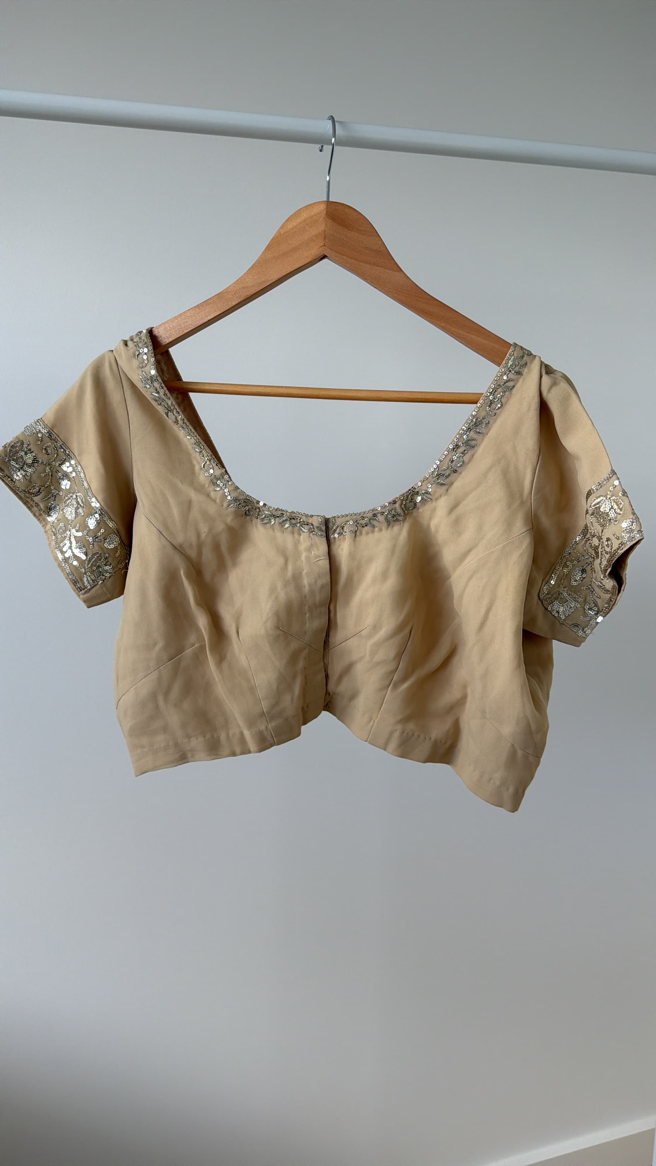 Elegant Beige Blouse with Silver Sequin and Thread Embroidery