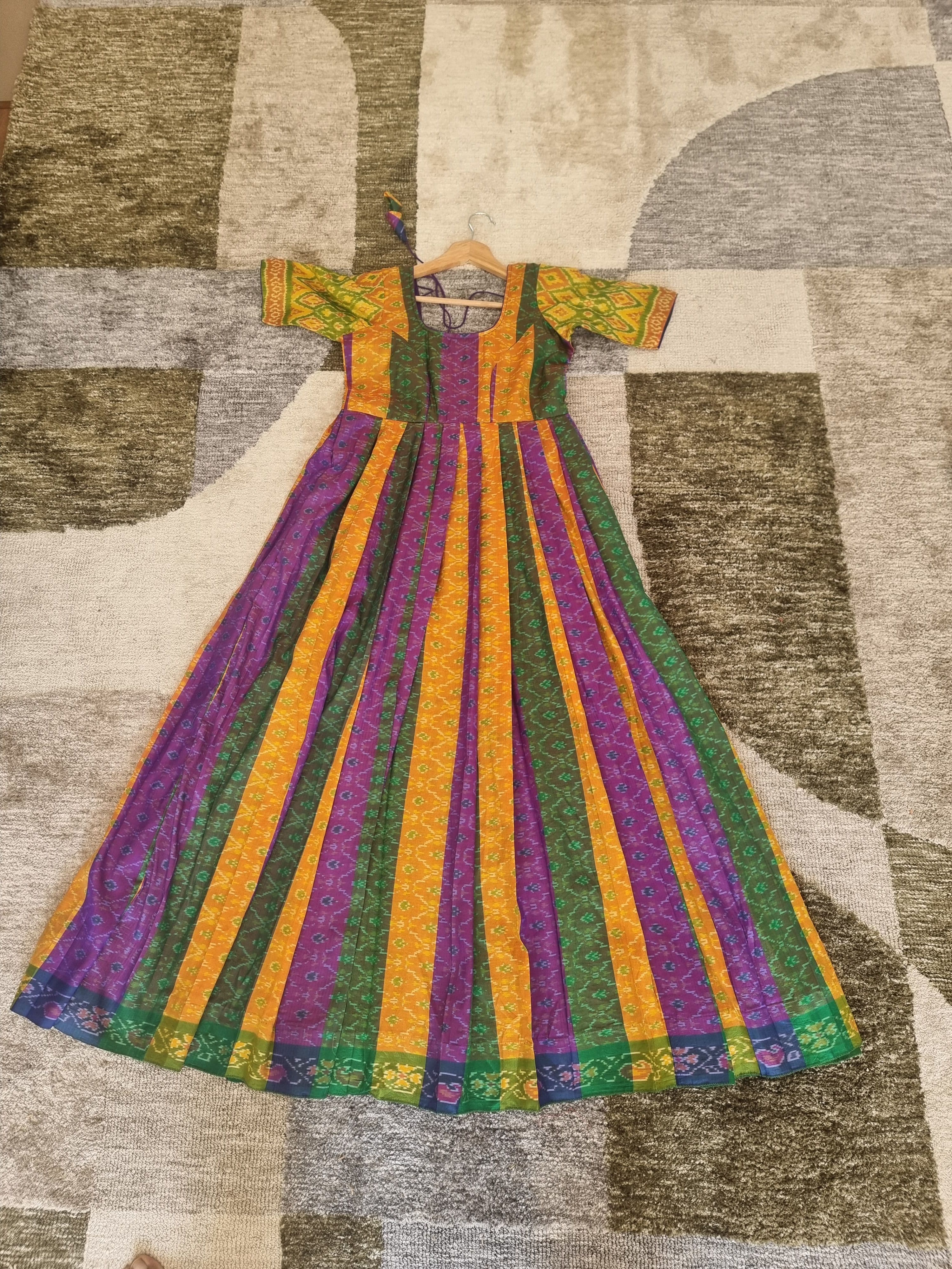 Vibrant Multi-Color pochampally Ikat weave Anarkali Style Gown Dress