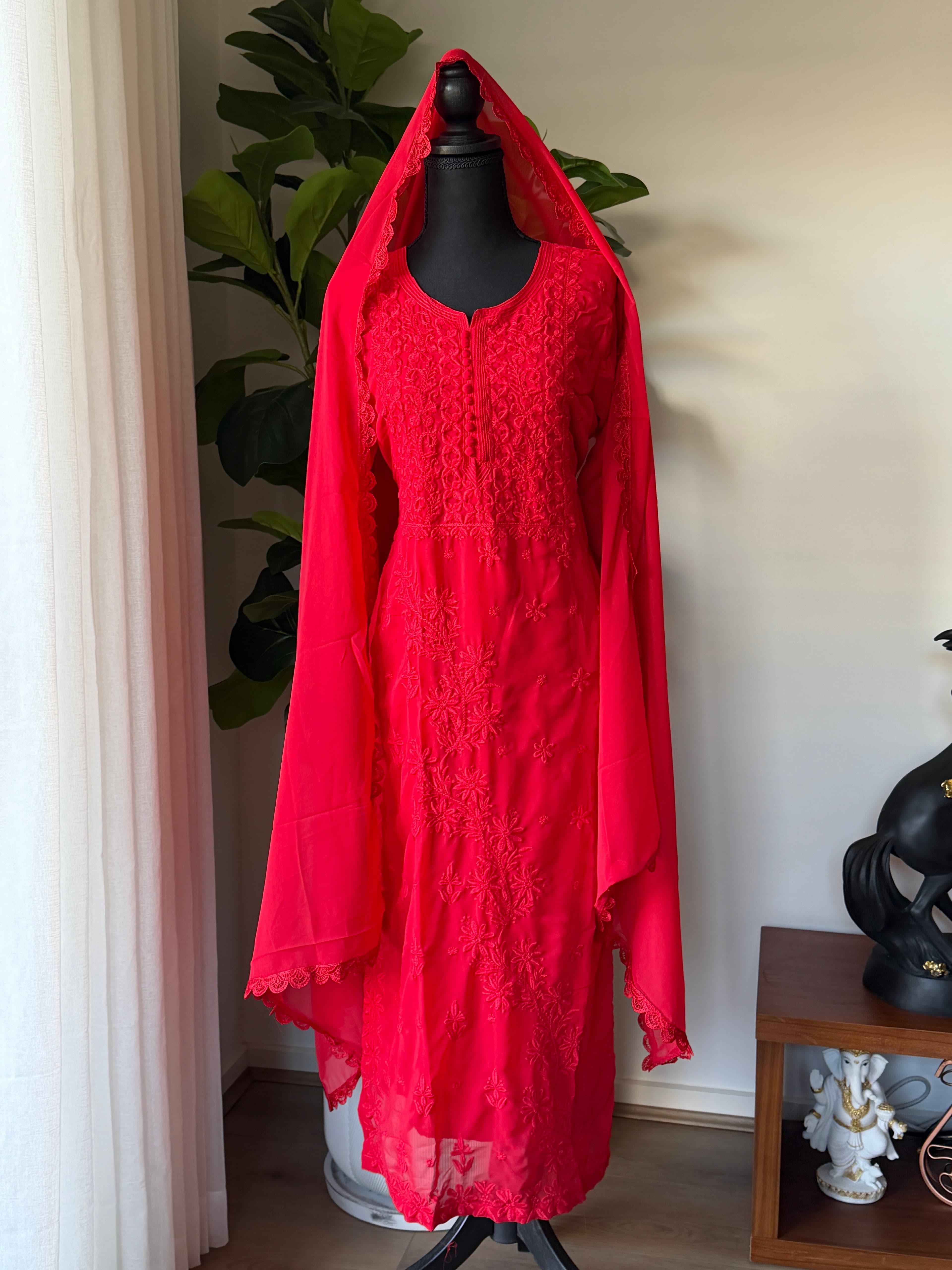 Vibrant Red Chikankari Georgette Suit with Dupatta