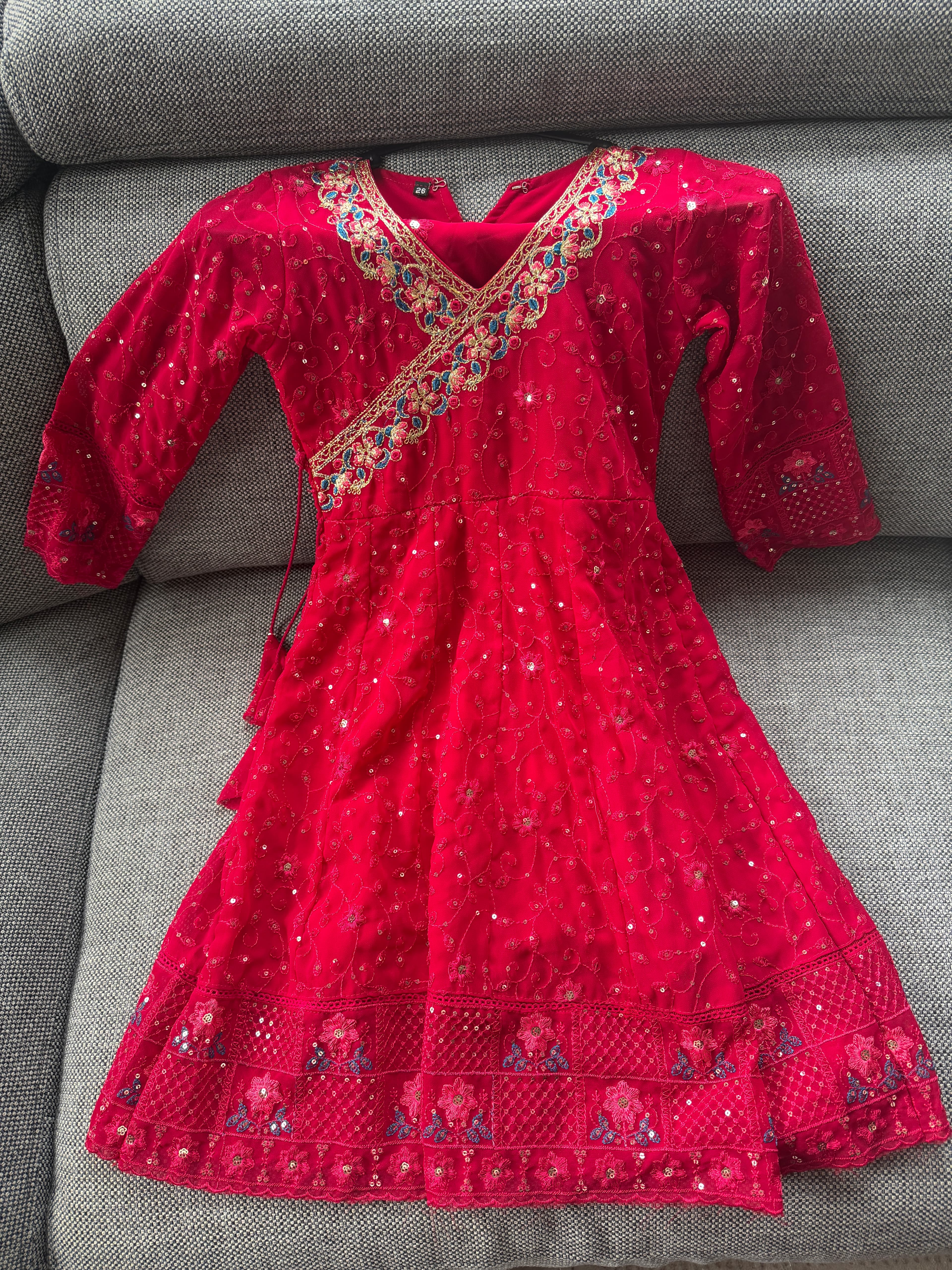 Vibrant Red & Purple Angrakha Style Kurti with Sequin & Thread Work