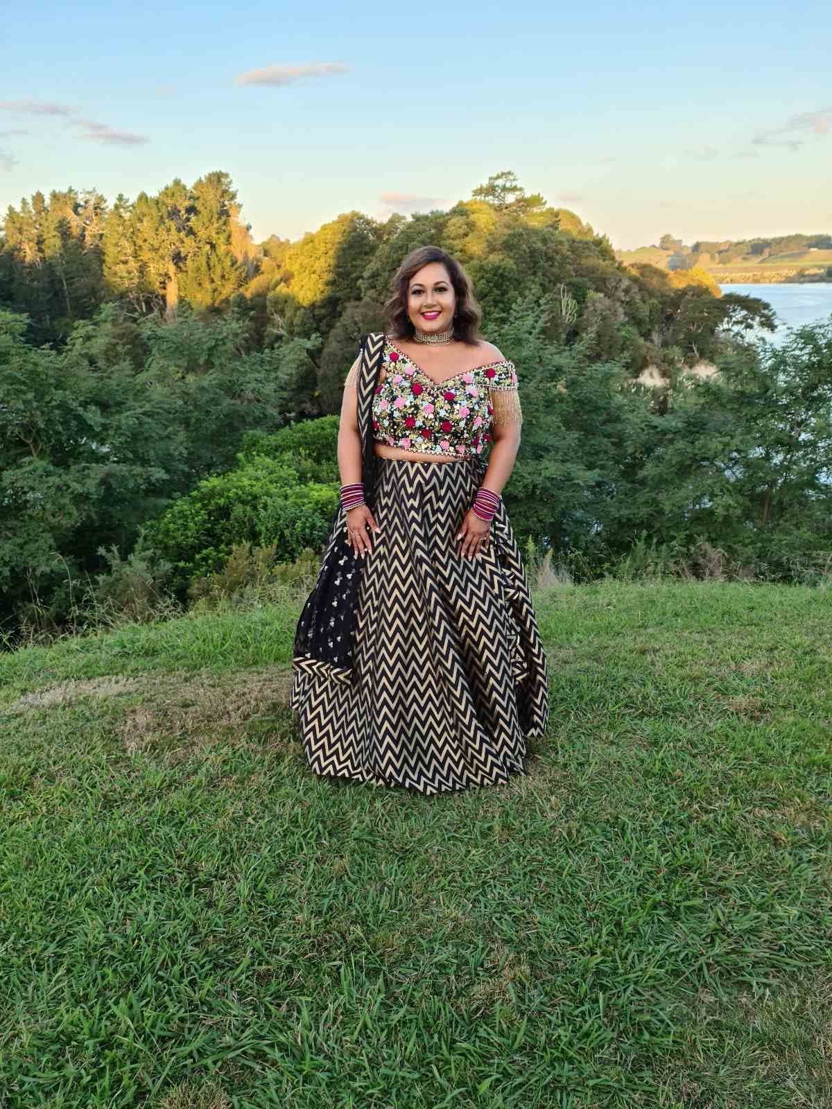 Stunning Black & Gold Chevron Lehenga with Floral Embroidered Off-Shoulder Blouse