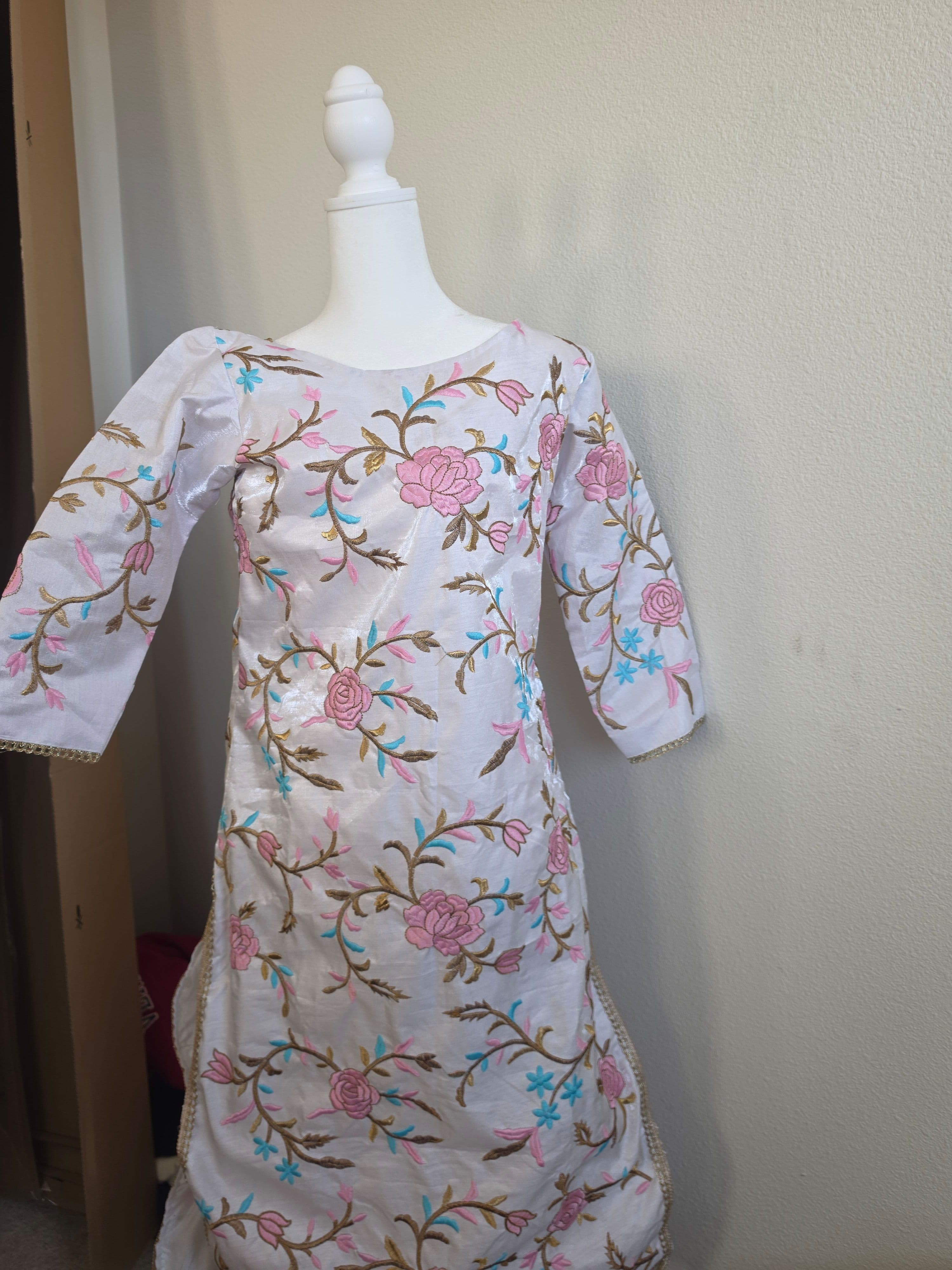 White with pink flowers embroidered, blue and brown