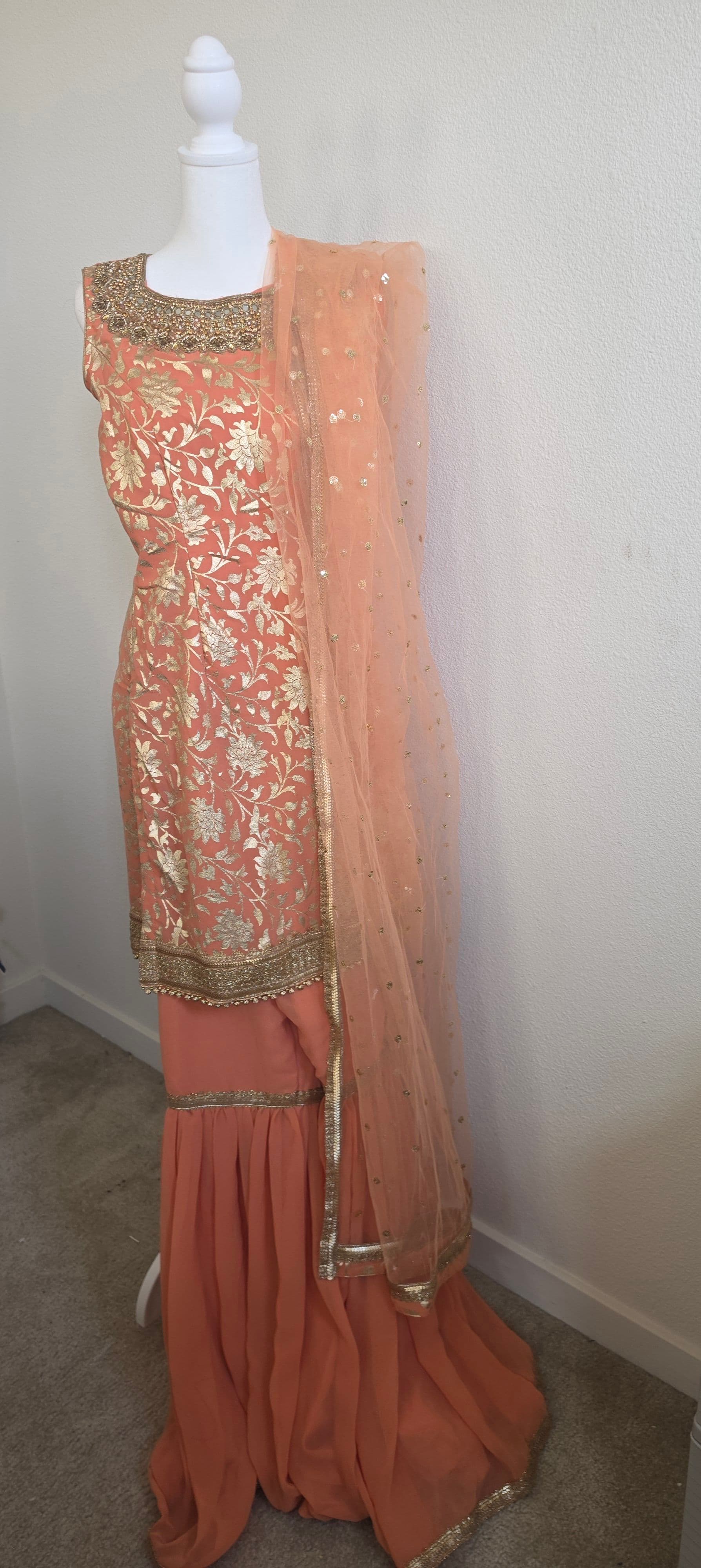 Elegant Peach Sharara Suit with Gold Zari and Sequin Work