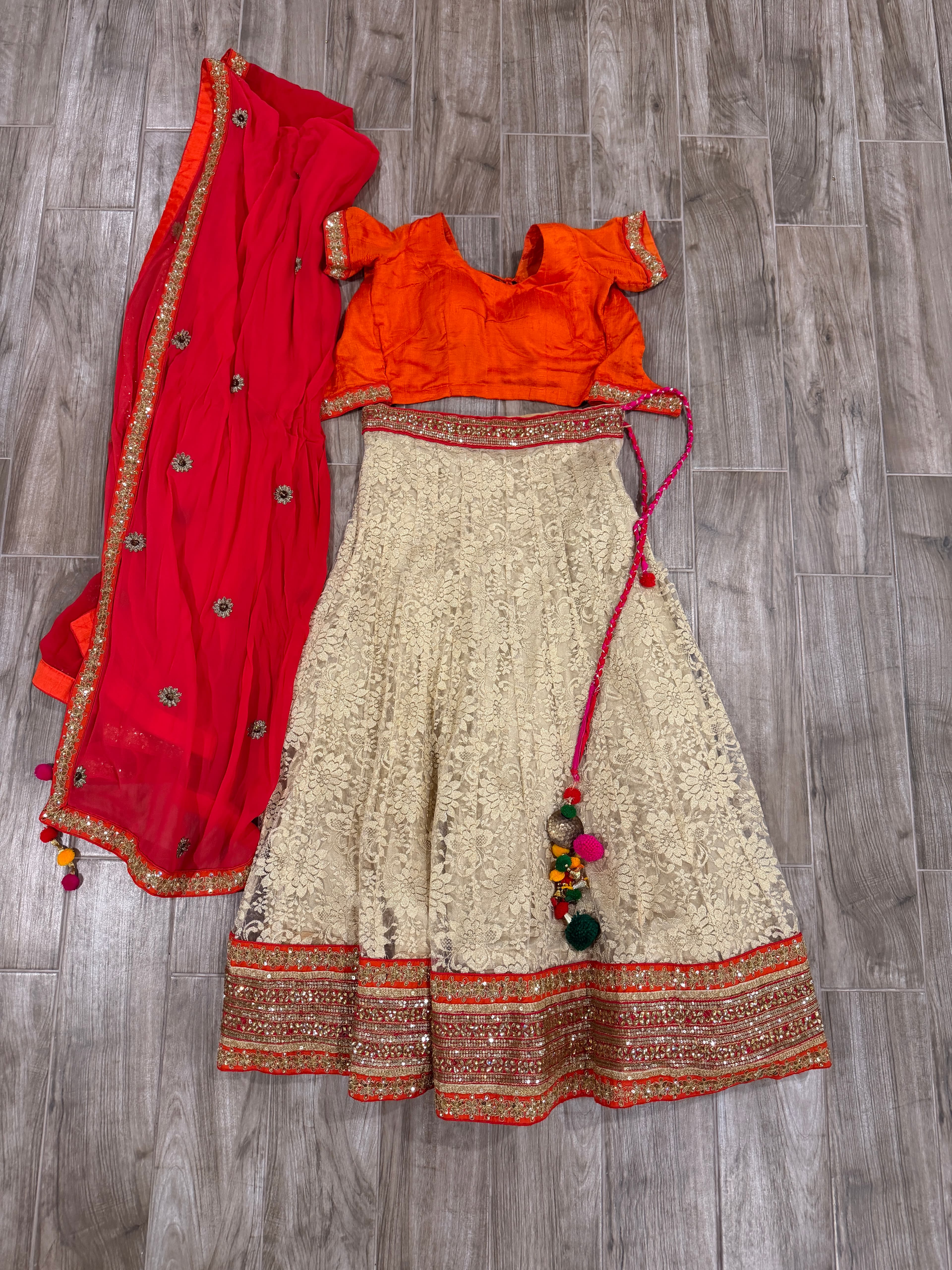 Vibrant Orange & Cream Lace Lehenga Choli with Red Dupatta