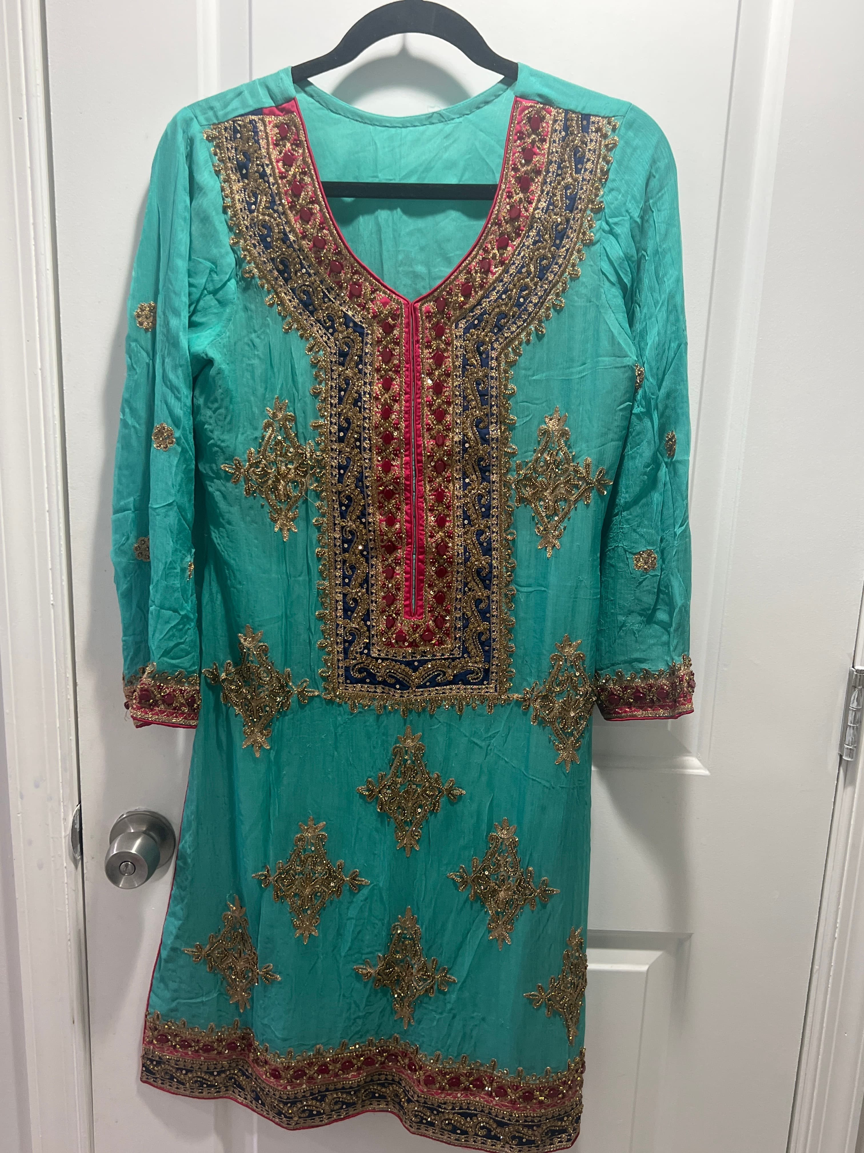 Elegant Teal Salwar Suit with Gold Zardozi and Pink Accents