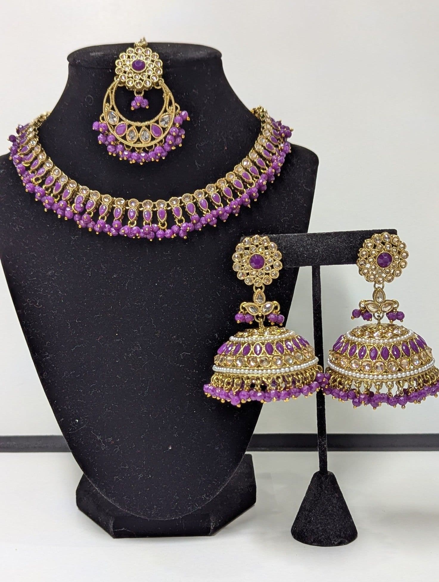 Stunning Purple & Gold Polki Necklace Set with Jhumka Earrings & Tikka