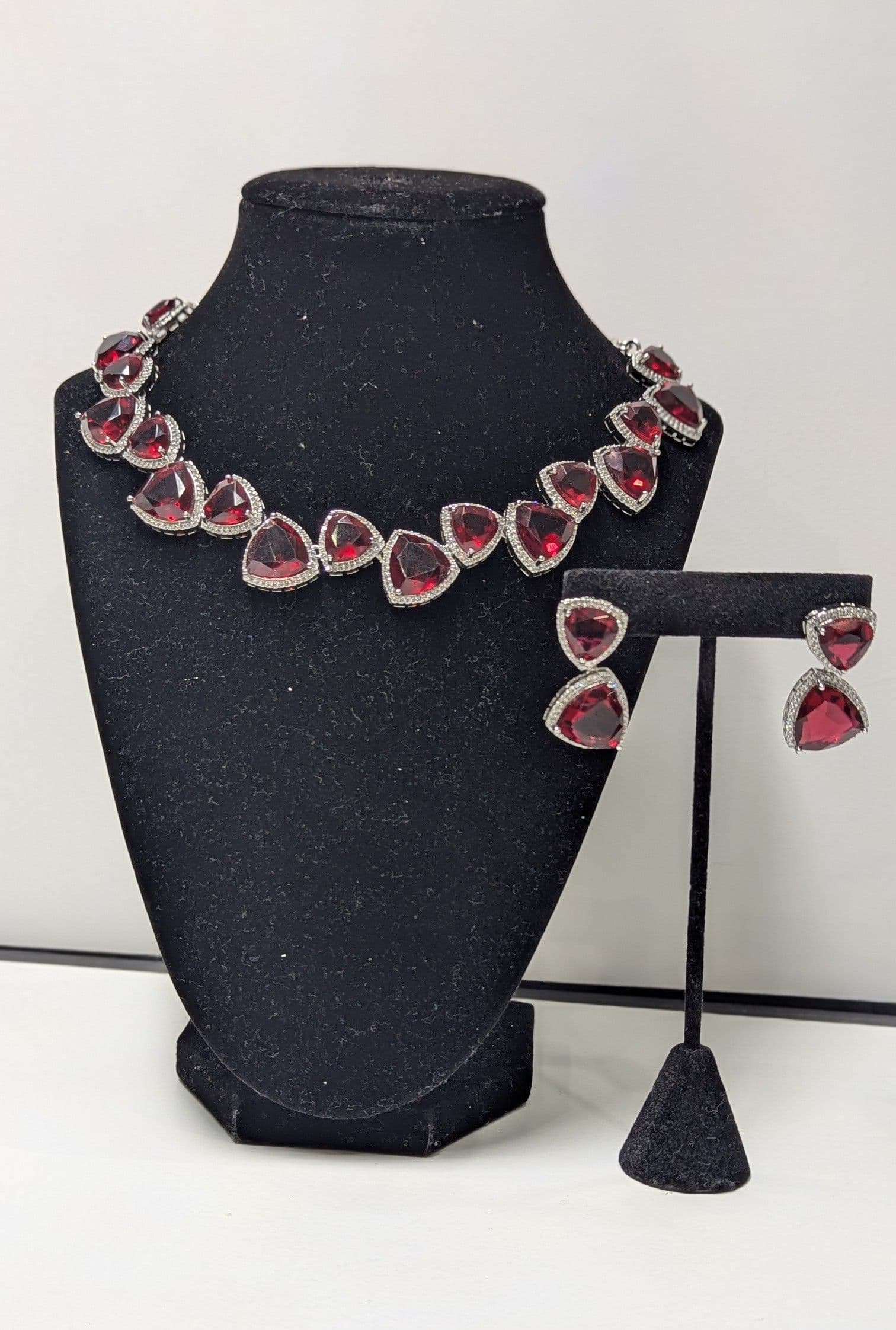 American Diamond Elegant Red Stone Necklace Set with Matching Earrings