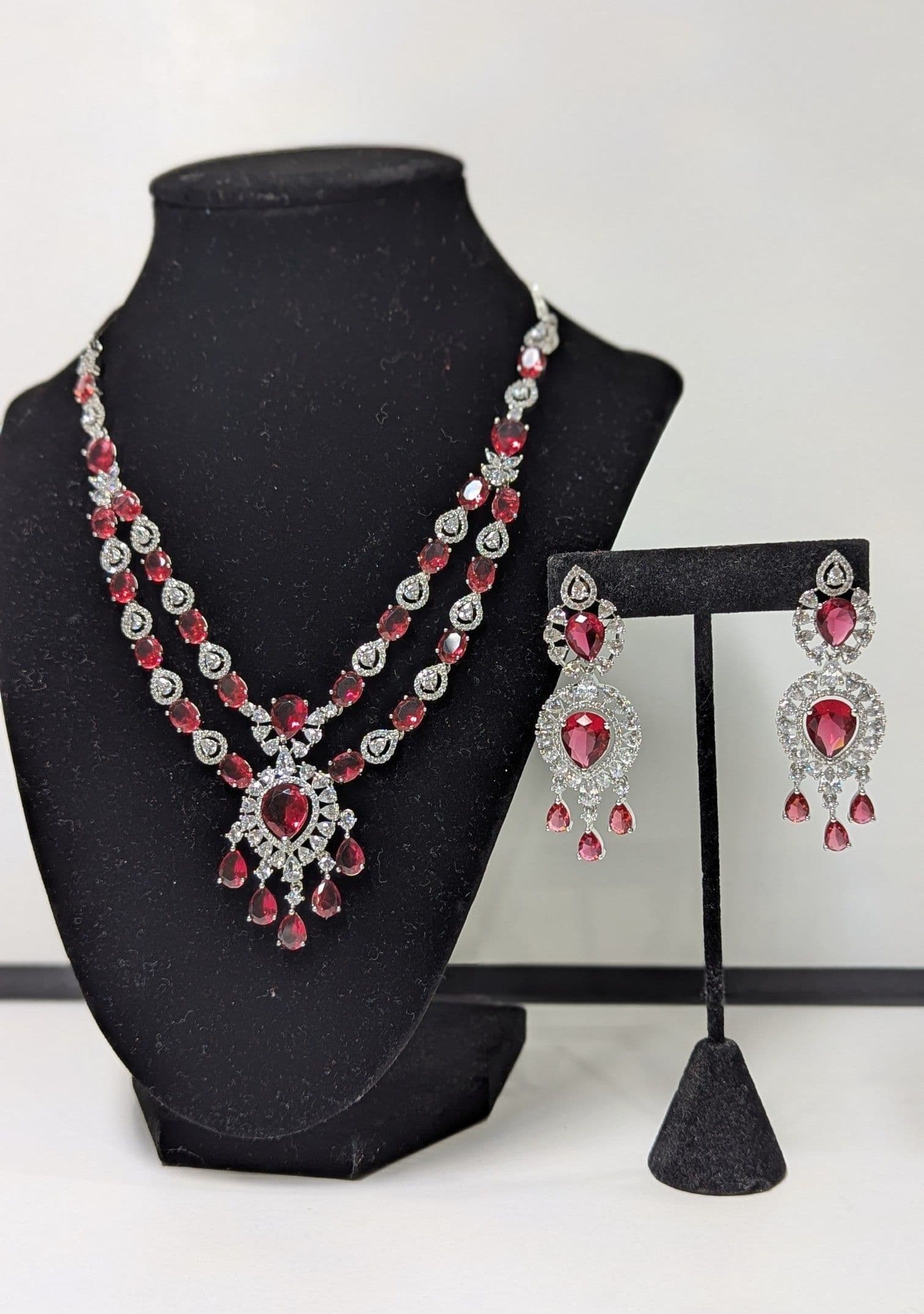 American Diamond Elegant Ruby Red & White Stone Necklace Set with Matching Earrings