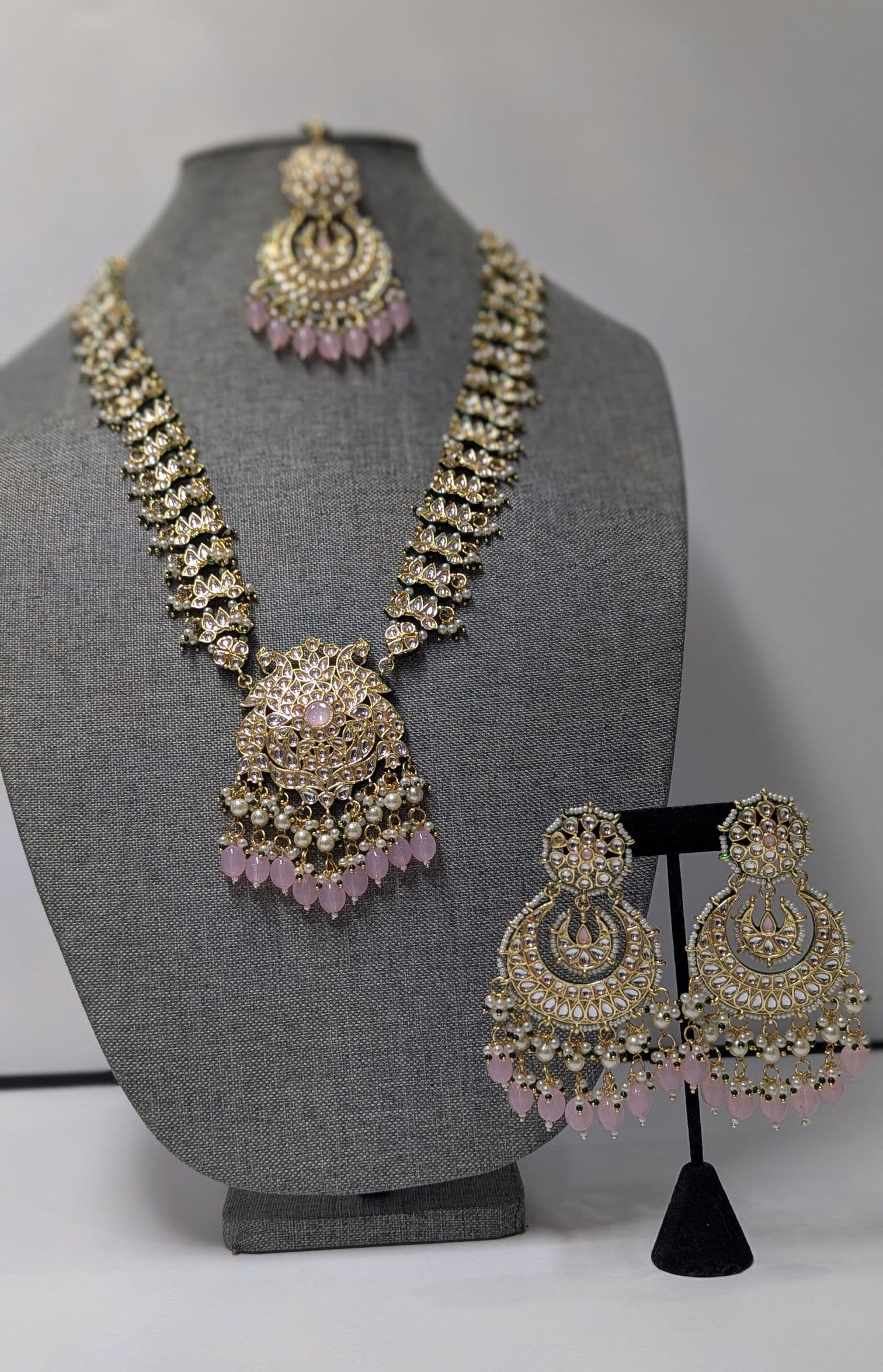 Elegant Gold Plated Kundan & Pearl Necklace Set with Pink Drops