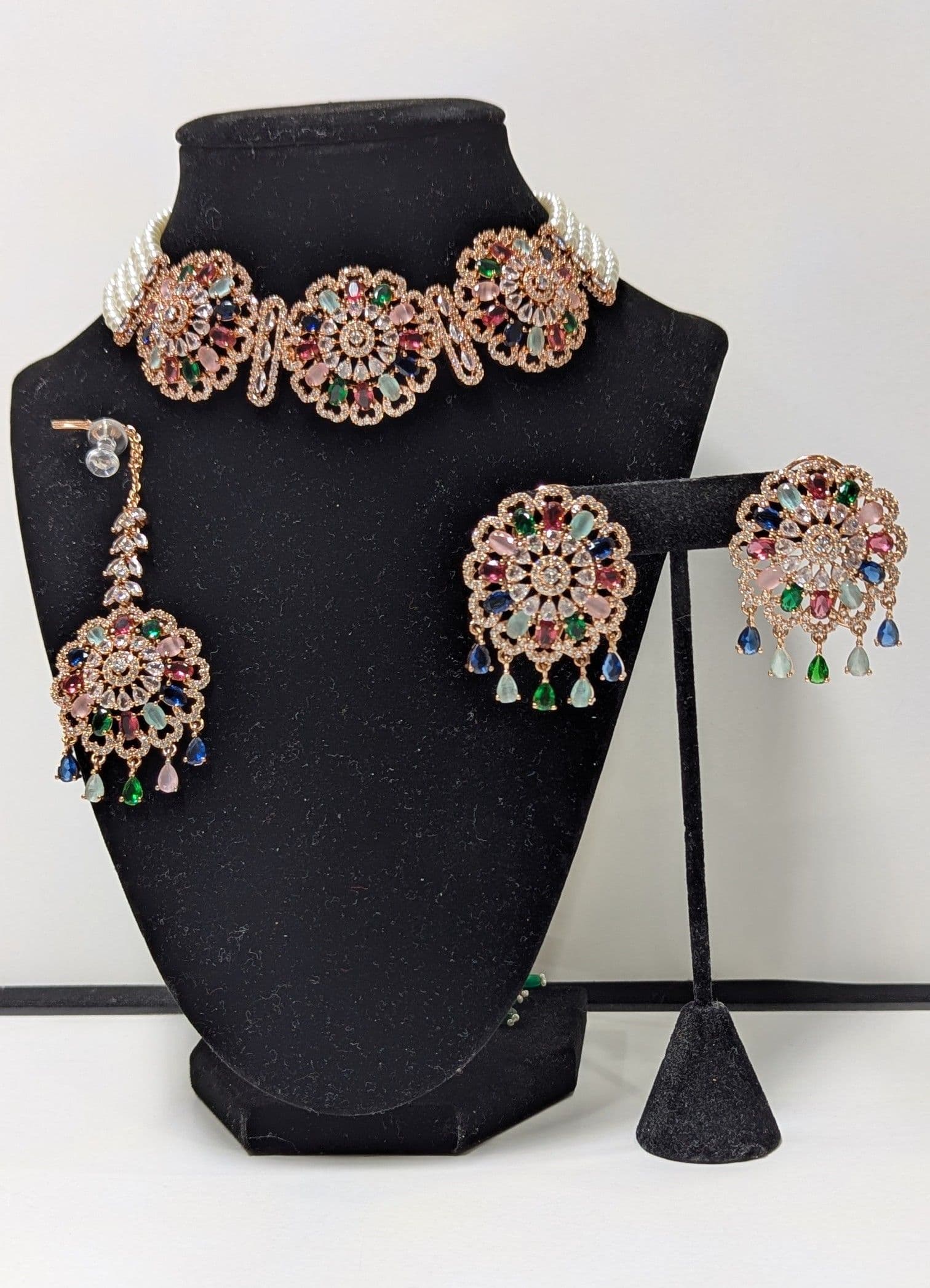 Rose Gold Plated Multicolored Stone & Pearl Choker Necklace Set with Earrings and Maang Tika