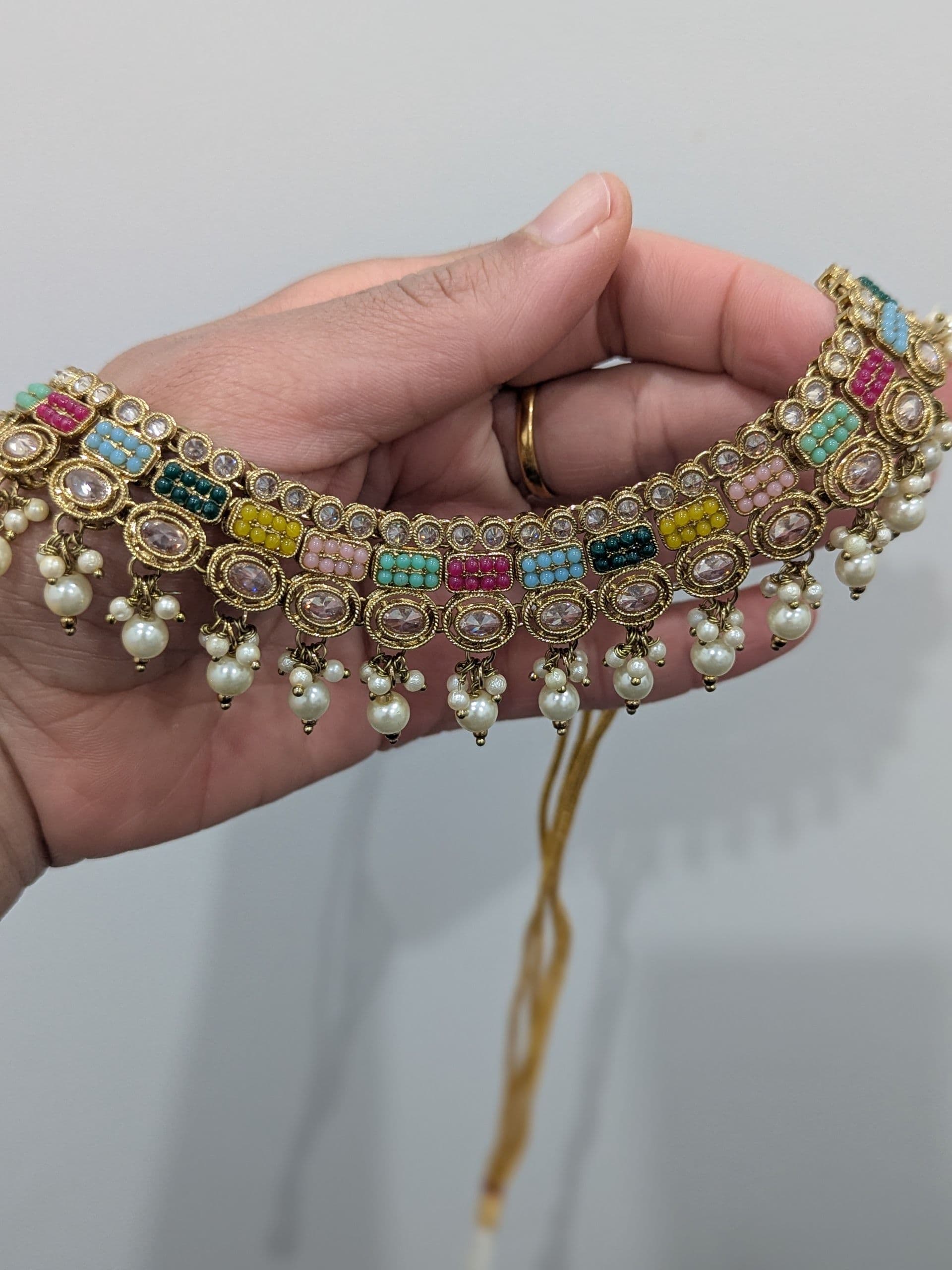 Stunning Multicolor Polki Necklace Set With Earings And Tikka
