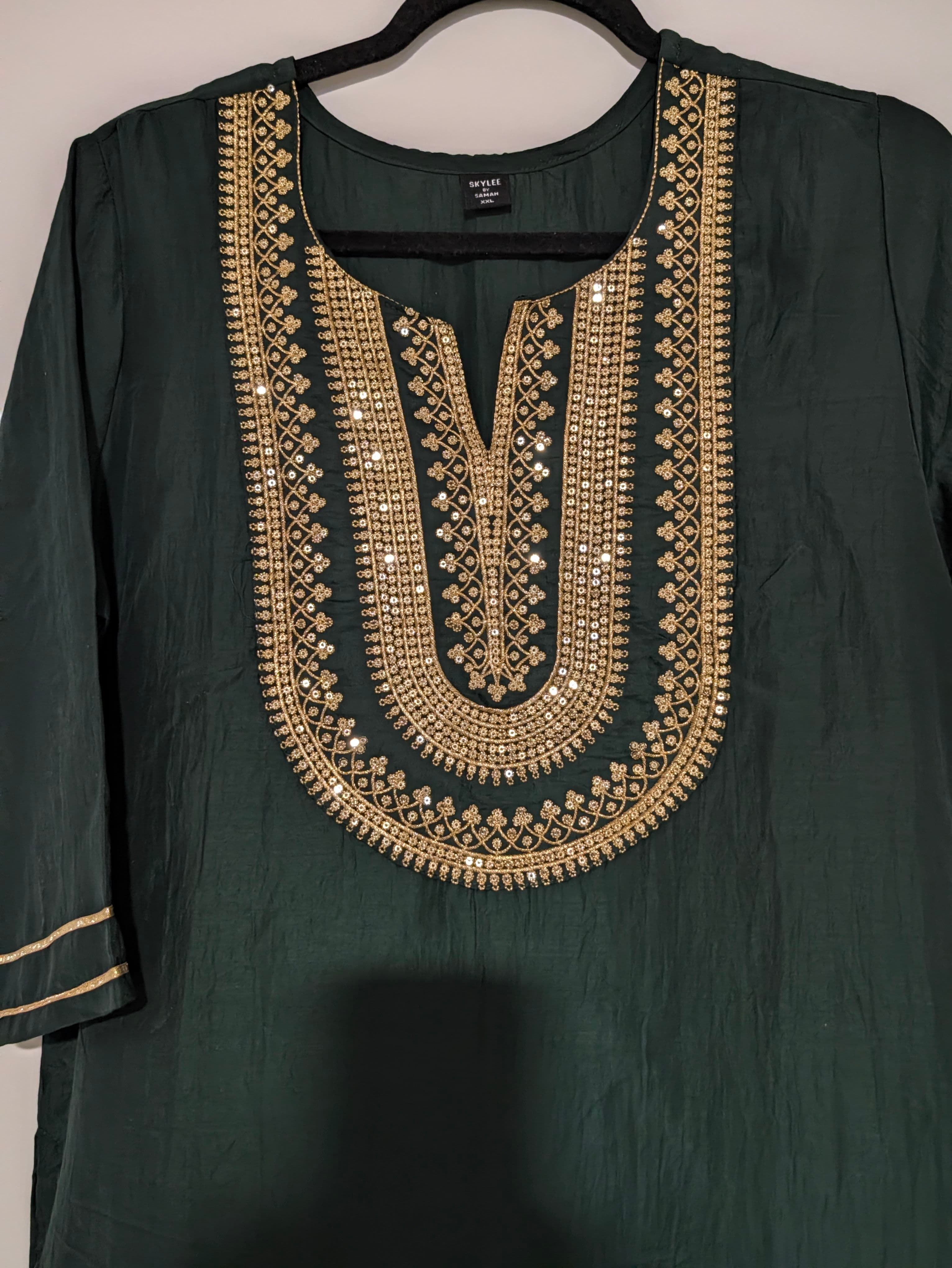 Elegant Dark Green Kurta with Gold Sequin & Thread Embroidery
