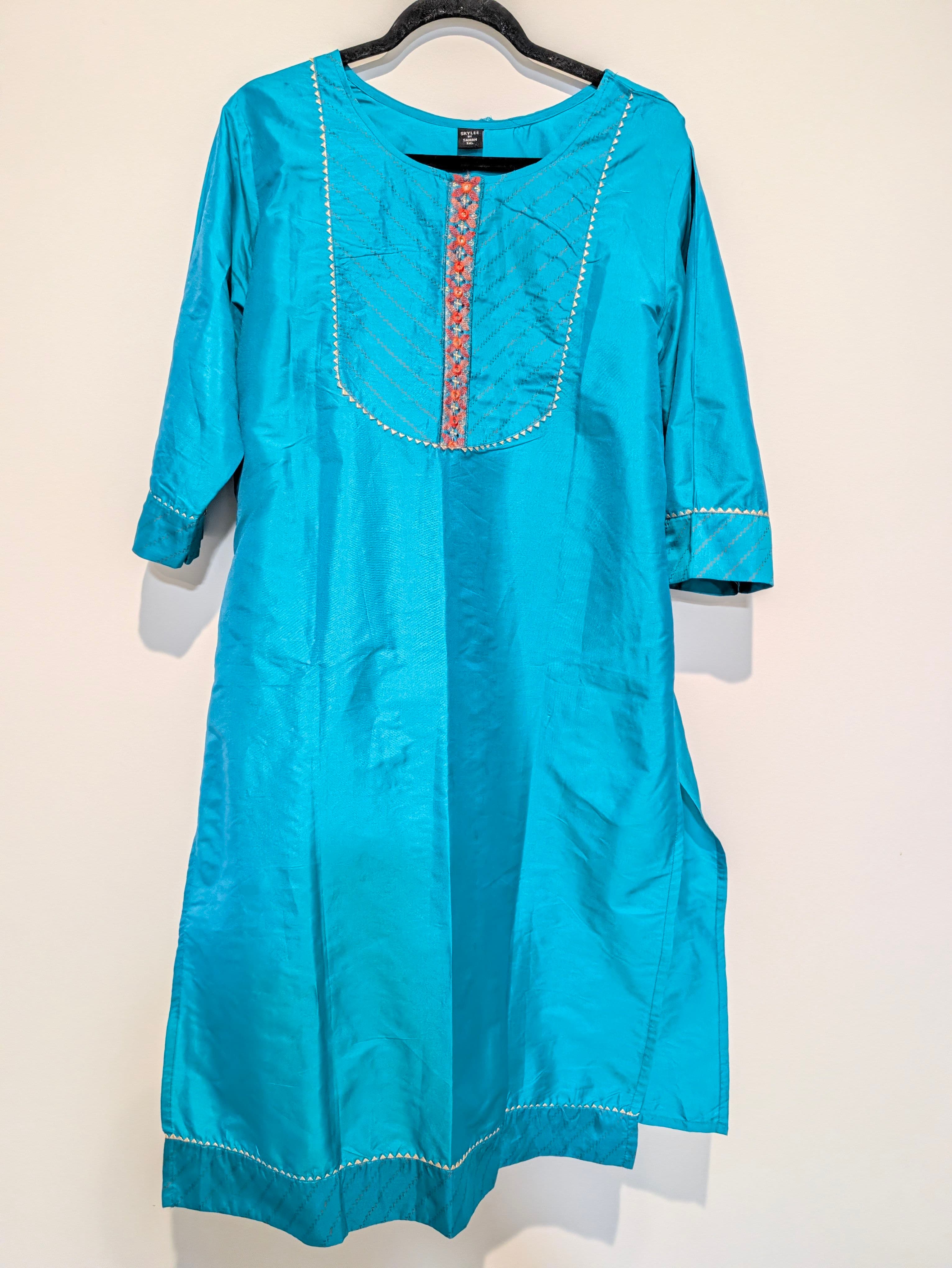 Vibrant Teal Kurta with Embroidered Neckline and Gota Patti Details